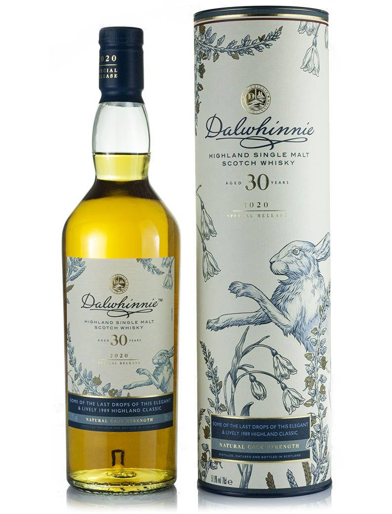 Dalwhinnie 30年威士忌酒瓶和帶有兔子插圖的盒子