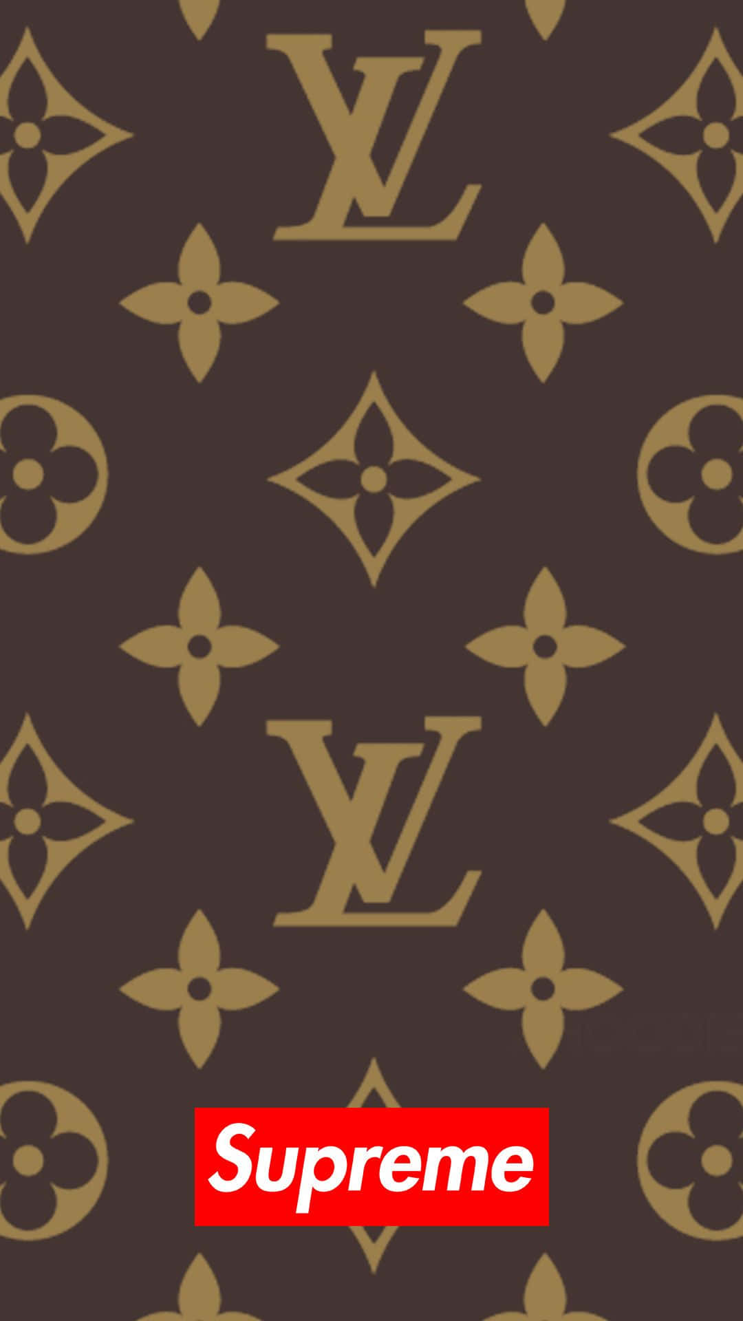 深棕色背景，帶有金色 Louis Vuitton 字母圖案和紅色 Supreme 標誌。