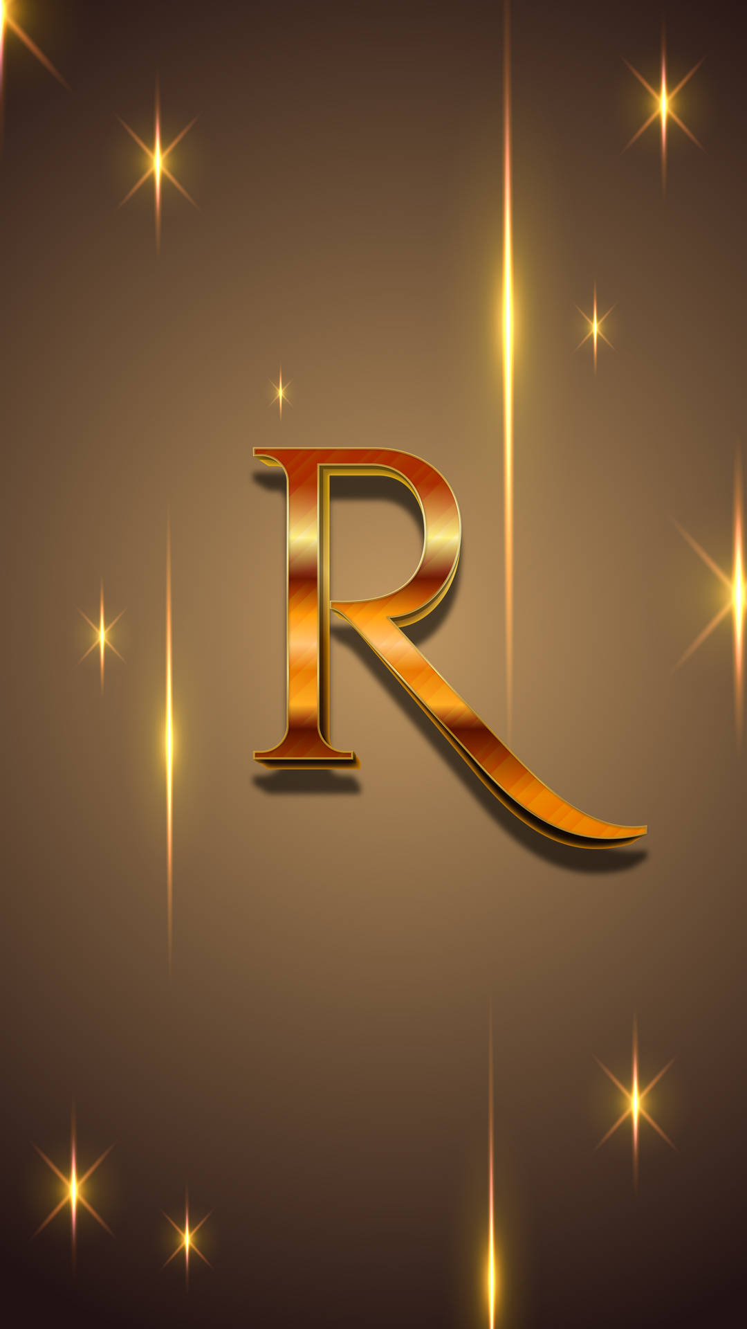 深棕色背景上帶有閃爍星星和光束的金色字母R。
