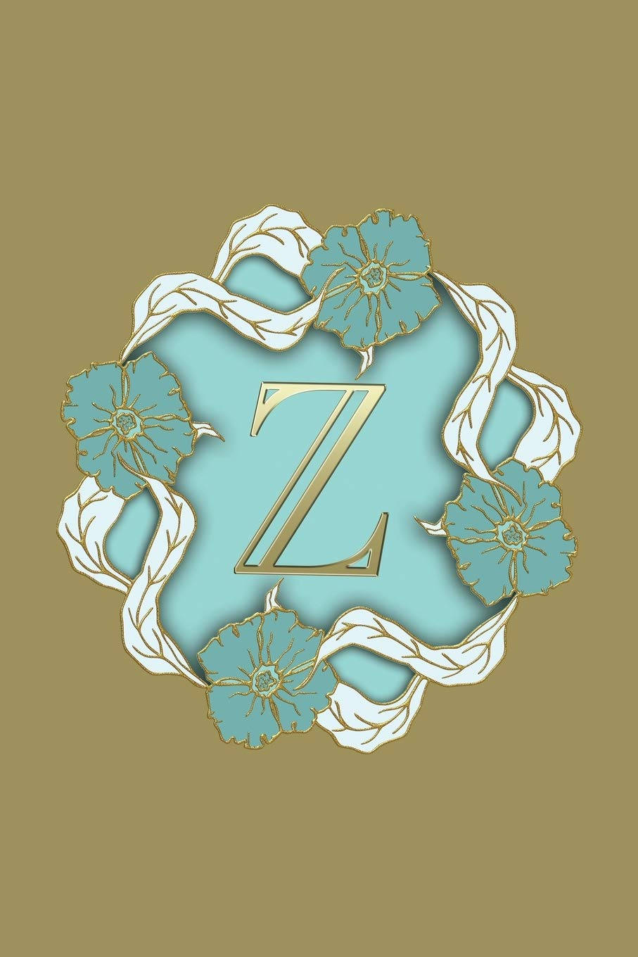 金色字母組合Z，周圍環繞著青綠色花朵和白色藤蔓，背景為橄欖色。
