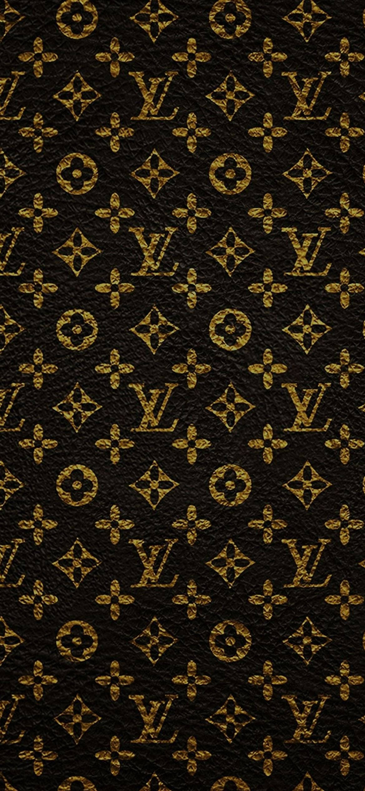 路易威登 桌布 壁紙 — 奢華黑色皮革牆紙，帶有重複的金色Louis Vuitton字母組合圖案。