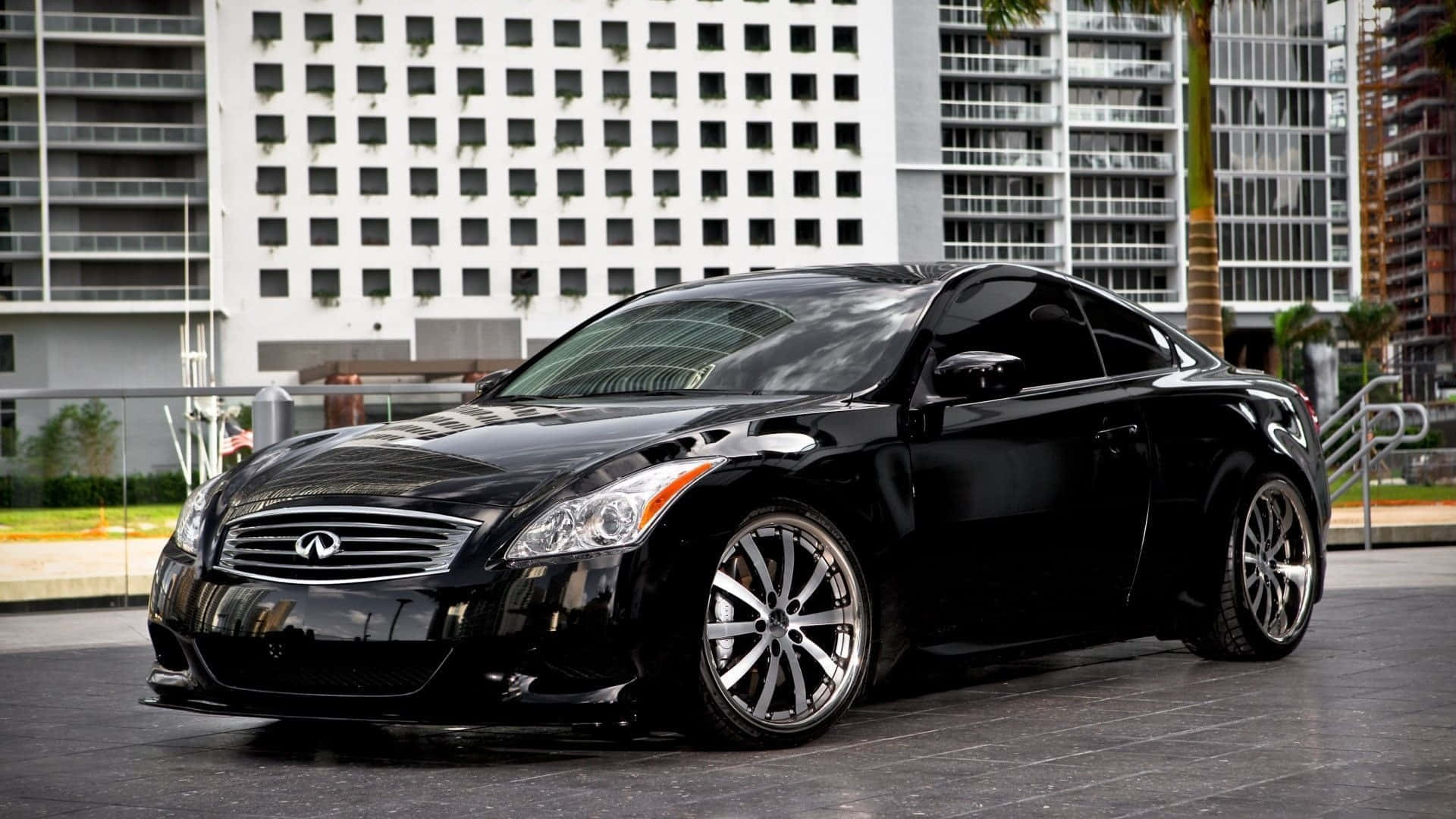 奢華黑色轎車 壁紙 — 一輛時尚的黑色 Infiniti G Coupe 在日光下閃耀，停泊在現代建築物和棕櫚樹背景的城市街道上。