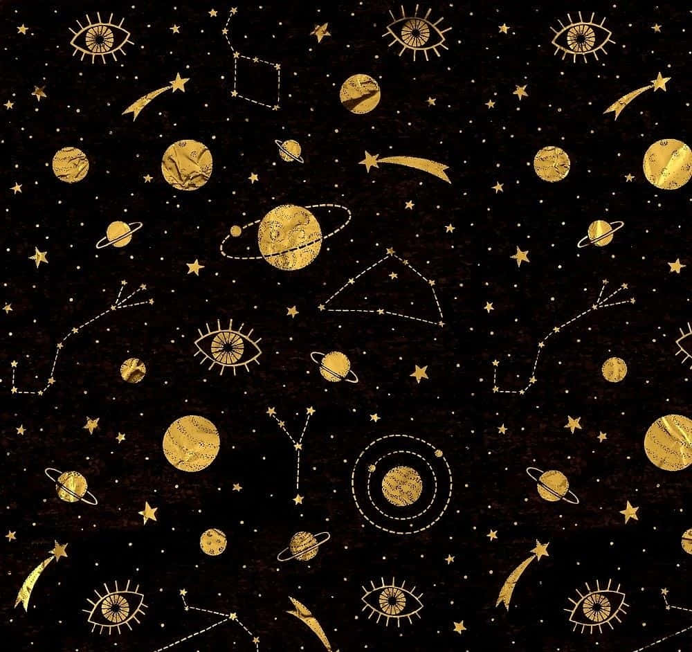 在黑暗宇宙背景上的金色行星、星星和眼睛圖案
