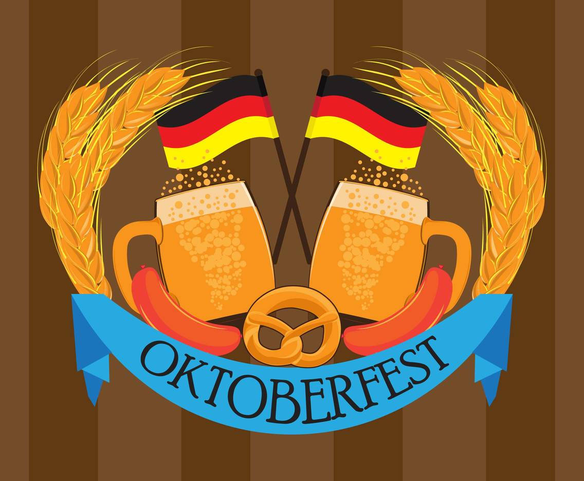 奧克toberfest 兩杯啤酒 壁紙 — 兩杯泡沫啤酒夾著椒鹽卷餅和香腸，在德國國旗下，由金色小麥框著的節日啤酒節標誌。