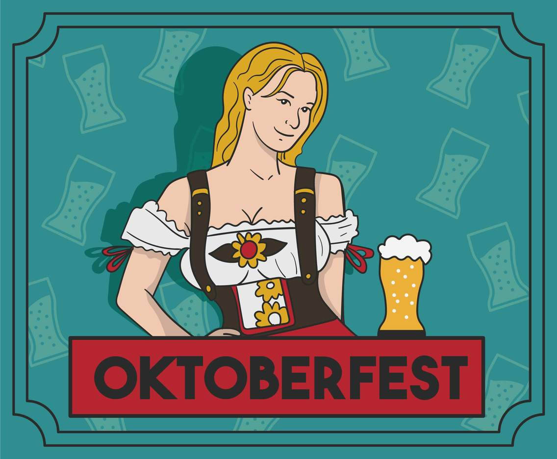 奧克toberfest 女人藝術 壁紙 — 一位身穿傳統Dirndl的歡樂啤酒節女侍應，在帶有啤酒杯圖案的青綠色背景前舉著啤酒杯。