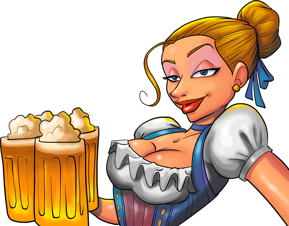 奧克toberfest卡通女性端啤酒 壁紙 — 一位身穿傳統服飾的快樂卡通女侍應，在黑色背景前手持三個帶泡沫的啤酒杯。