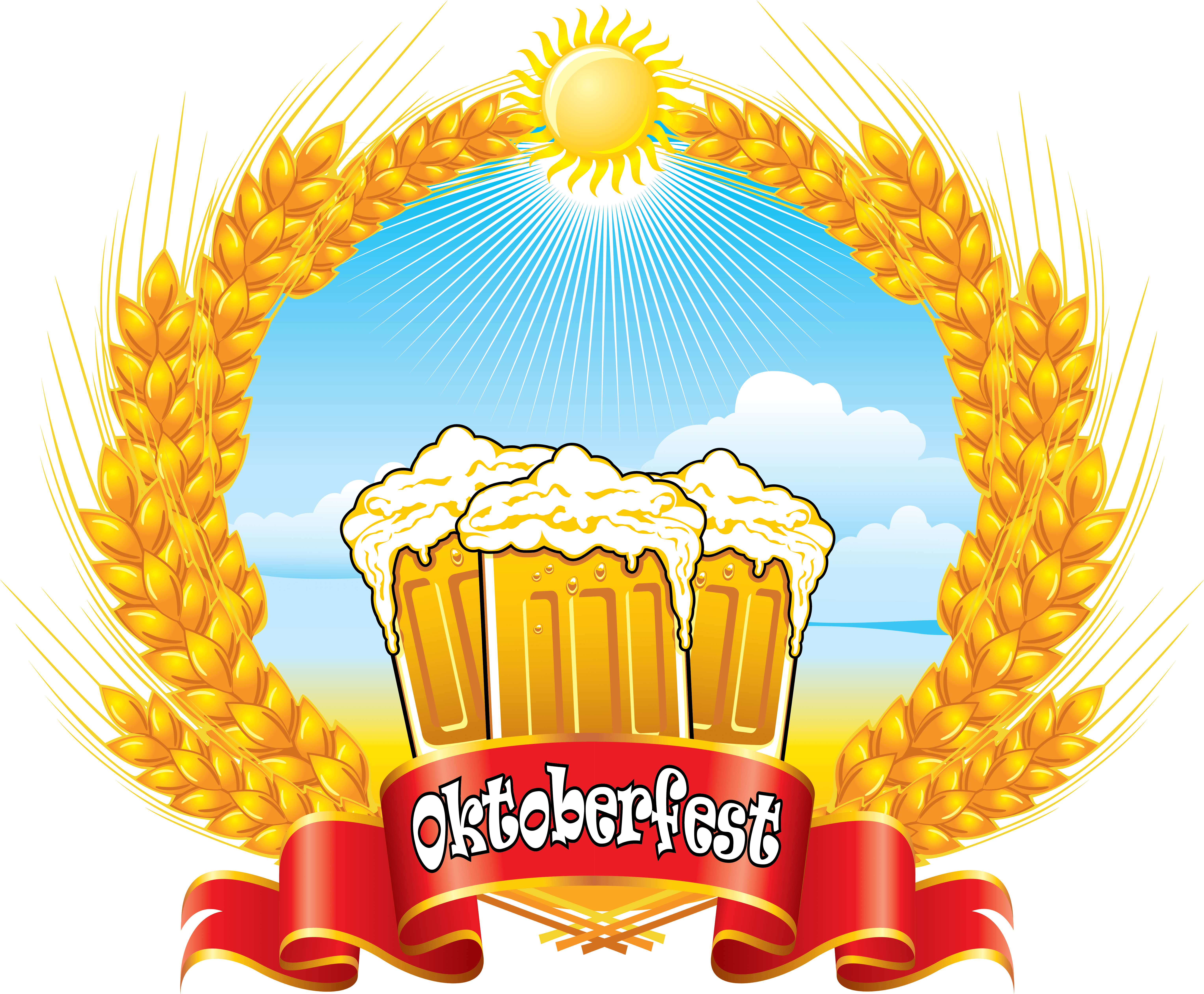 奧克toberfest慶祝圖案 壁紙 — 三個泡沫啤酒杯在金色麥穗環繞的陽光下，配以紅色十月節橫幅。