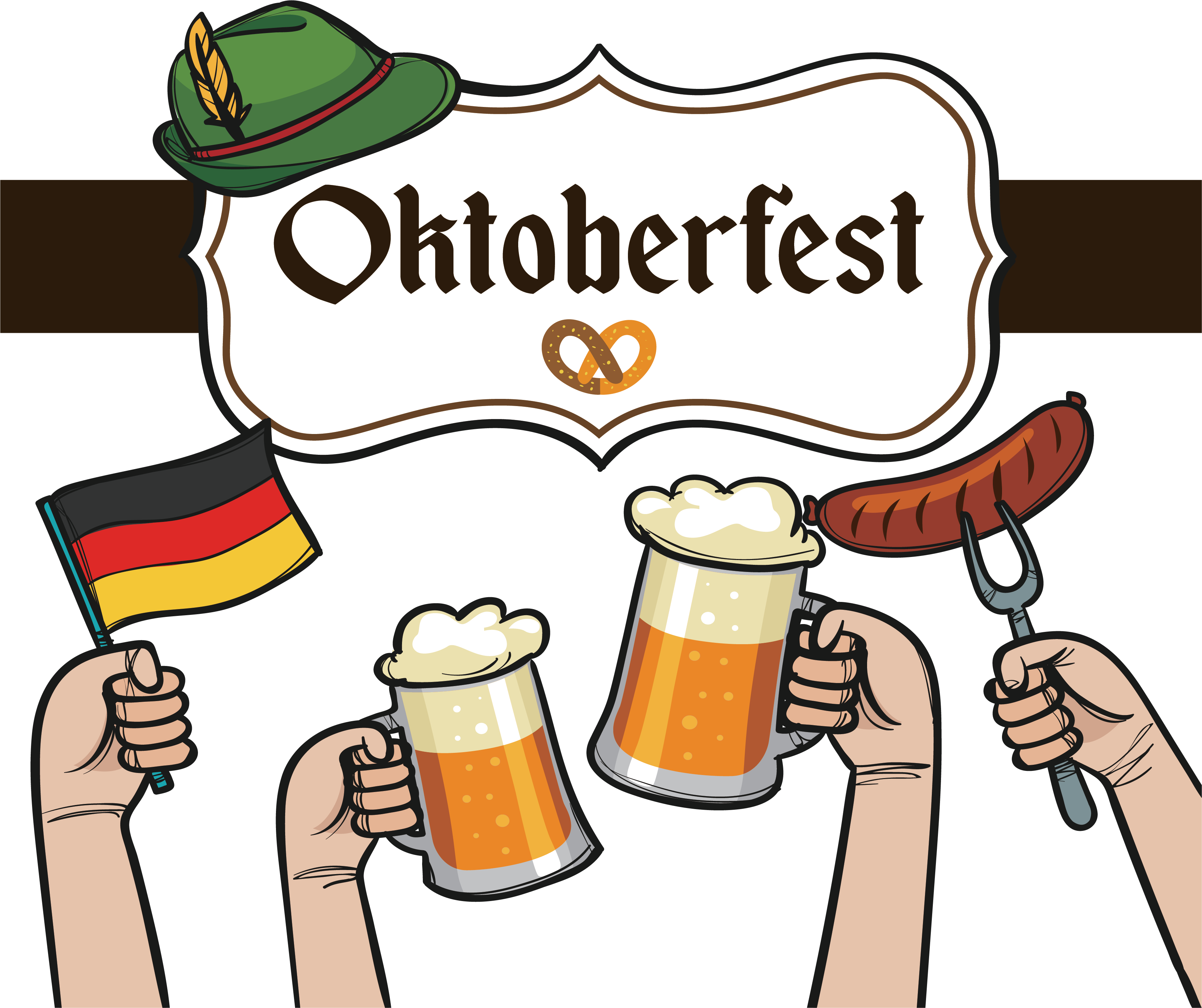 奧克toberfest慶祝插畫 壁紙 — 插圖手在綠色帽子的啤酒節標誌下，愉快地拿著啤酒杯、香腸和德國國旗。