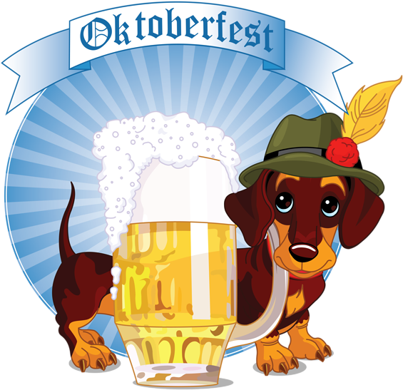 奧克toberfest慶祝達克斯獵犬與啤酒 壁紙 — 一隻戴著巴伐利亞帽子的卡通臘腸狗，在藍色啤酒節橫幅下自豪地舉著一個巨大的泡沫啤酒杯。