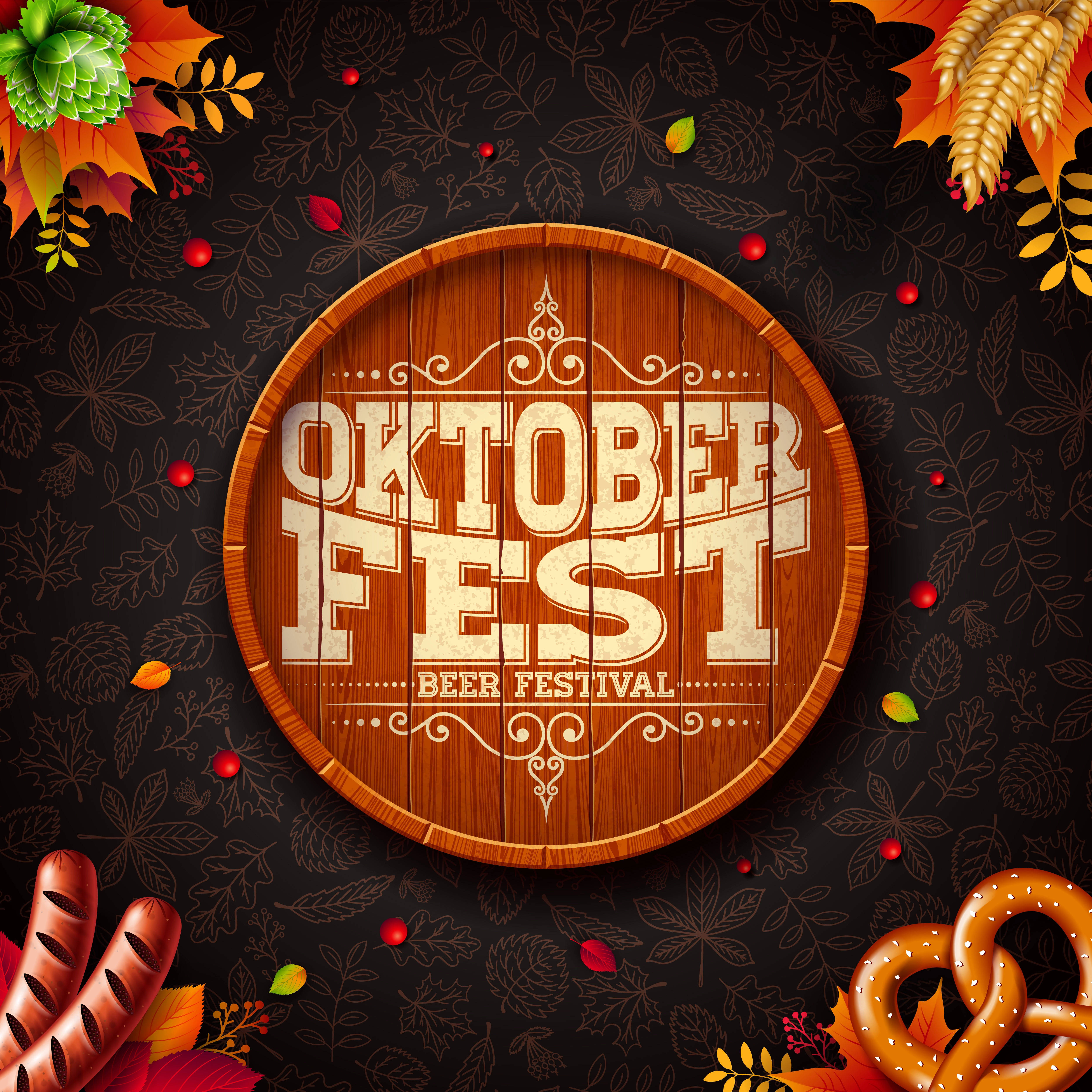 奧克托貝斯特啤酒桶藝術 壁紙 — 一個木桶上寫有「Oktoberfest Beer Festival」字樣，周圍環繞著秋葉、椒鹽卷餅和香腸，背景為深色圖案。
