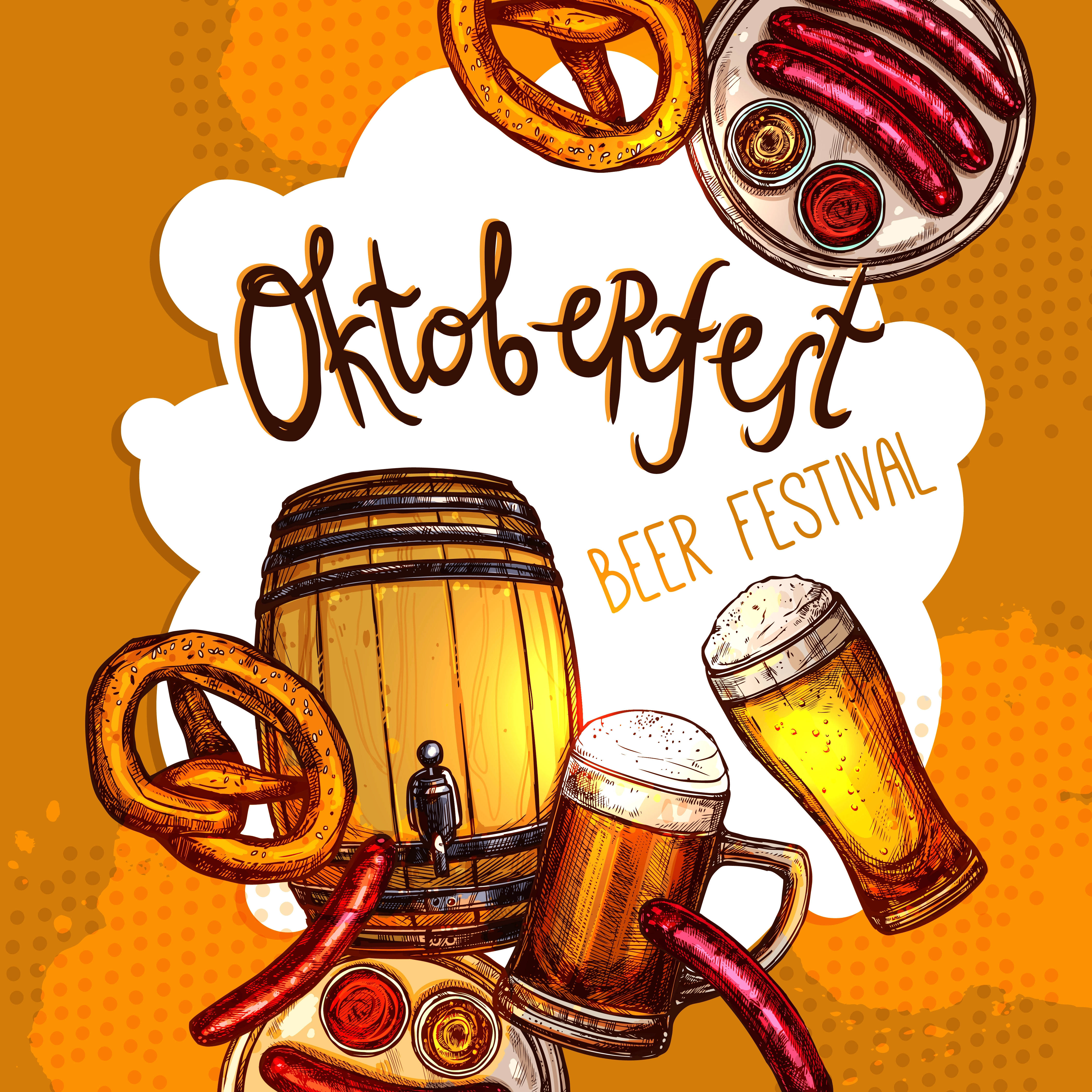 奧克托貝斯特啤酒節藝術 壁紙 — 插圖風格的Oktoberfest節日海報，以溫暖的橙色背景襯托啤酒杯、椒鹽卷餅、香腸和一個木桶。