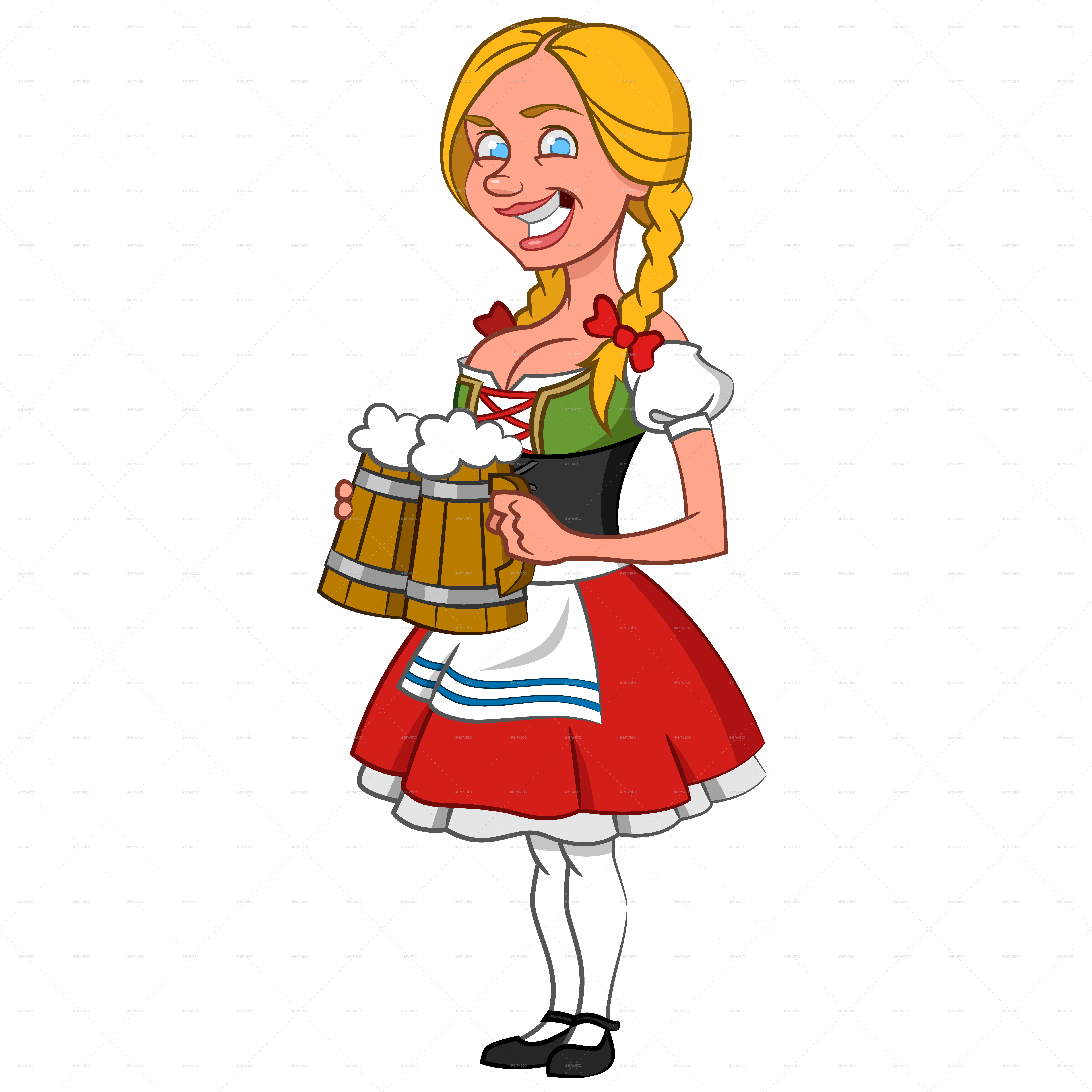 奧克托貝斯特女性攜啤酒杯 壁紙 — 一個快樂的卡通金髮女子穿著傳統巴伐利亞服裝，在黑色背景前拿著啤酒杯。
