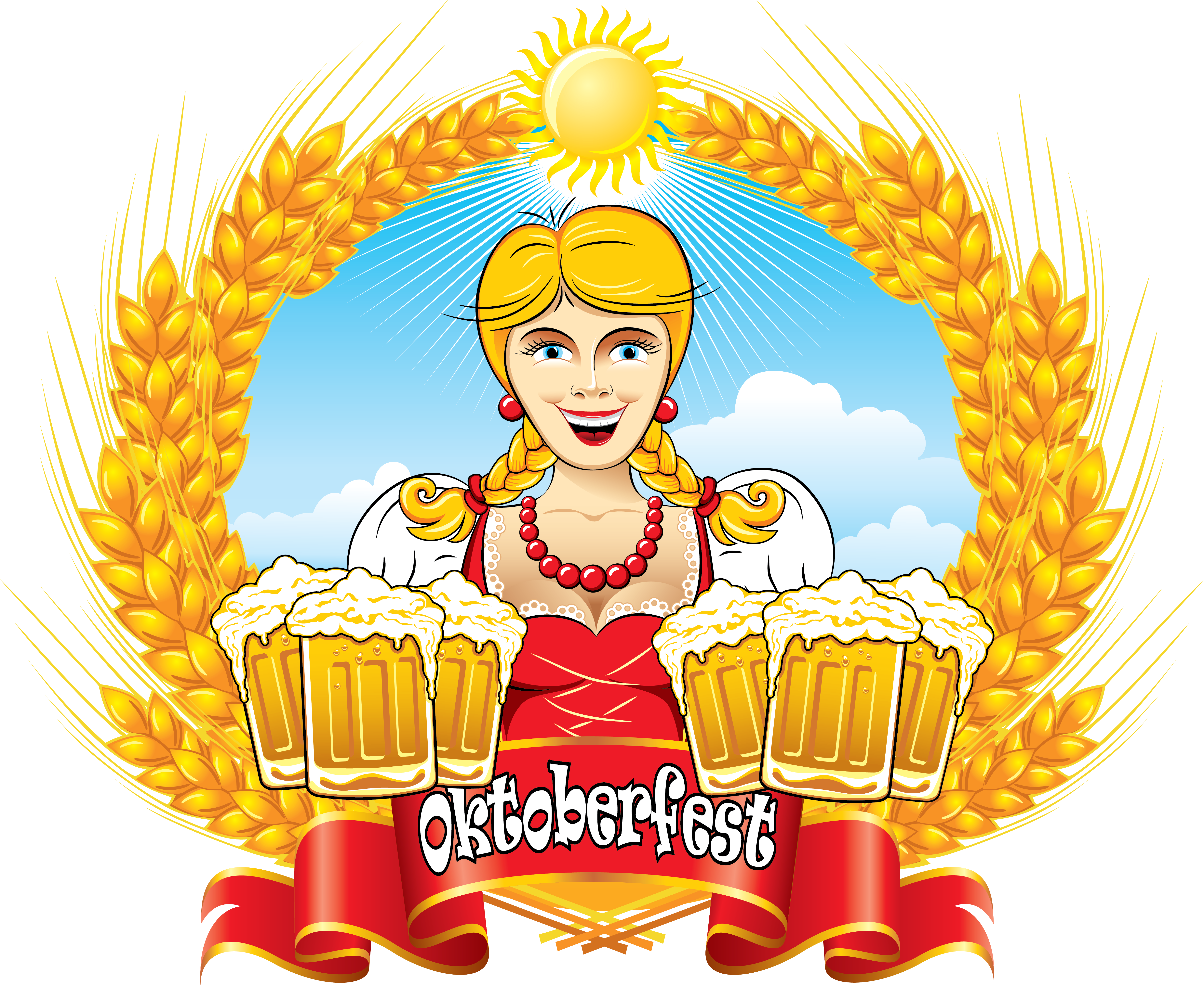 奧克托貝斯特慶祝卡通插畫 壁紙 — 一位身穿傳統服飾的歡樂啤酒節女士，在金色麥穗環繞的陽光下手持啤酒杯。