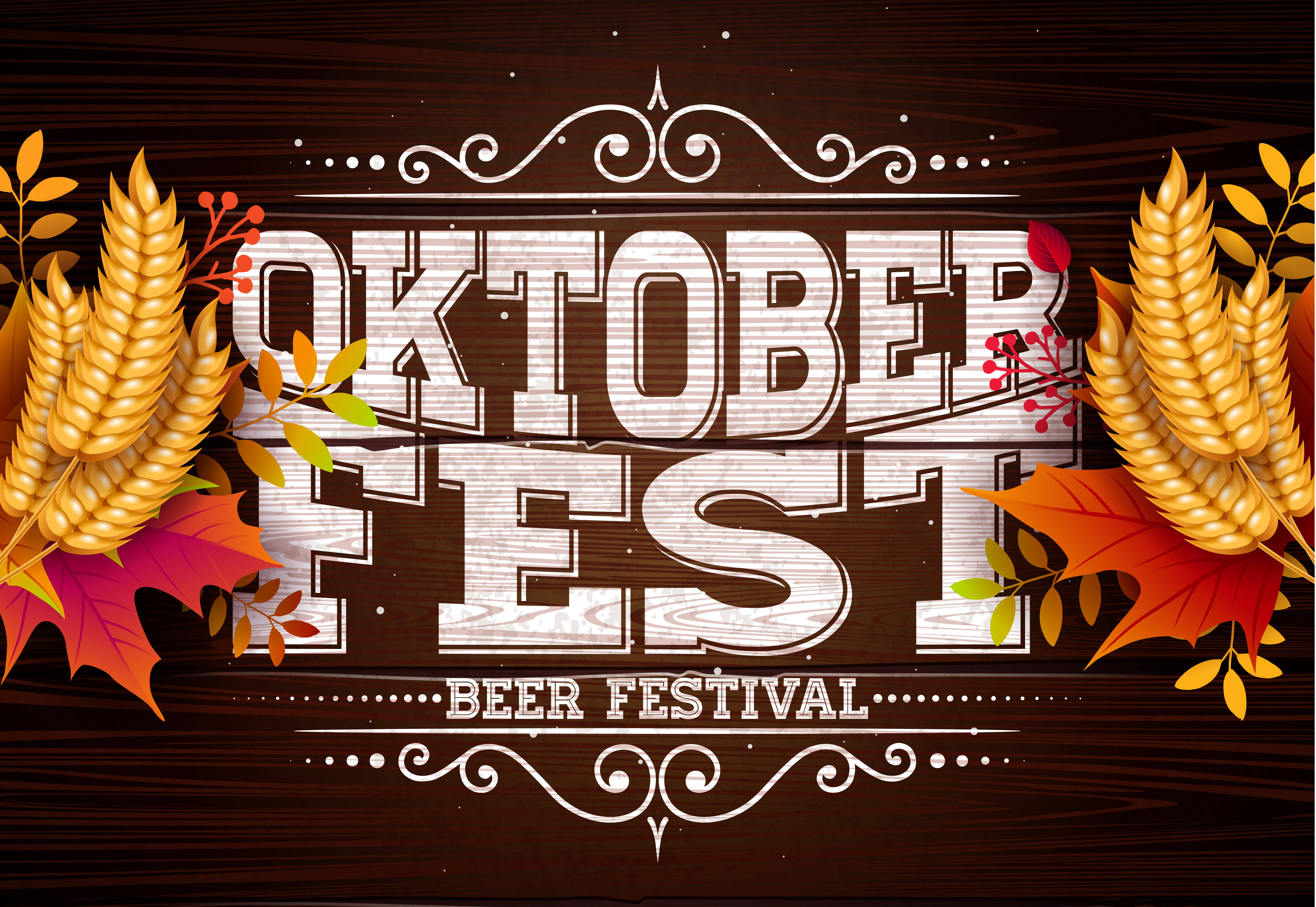 奧克托貝斯特木質標誌藝術 壁紙 — 深色木紋上以粗體白色 'Oktoberfest' 文字，金色麥穗和秋葉環繞著這個節日啤酒節的公告。