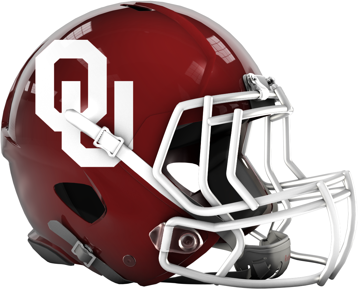奧克拉荷馬大學足球頭盔 壁紙 — 一個亮面深紅色奧克拉荷馬大學 Sooners 美式足球頭盔，配有白色面罩和粗體 OU 標誌，背景為黑色。