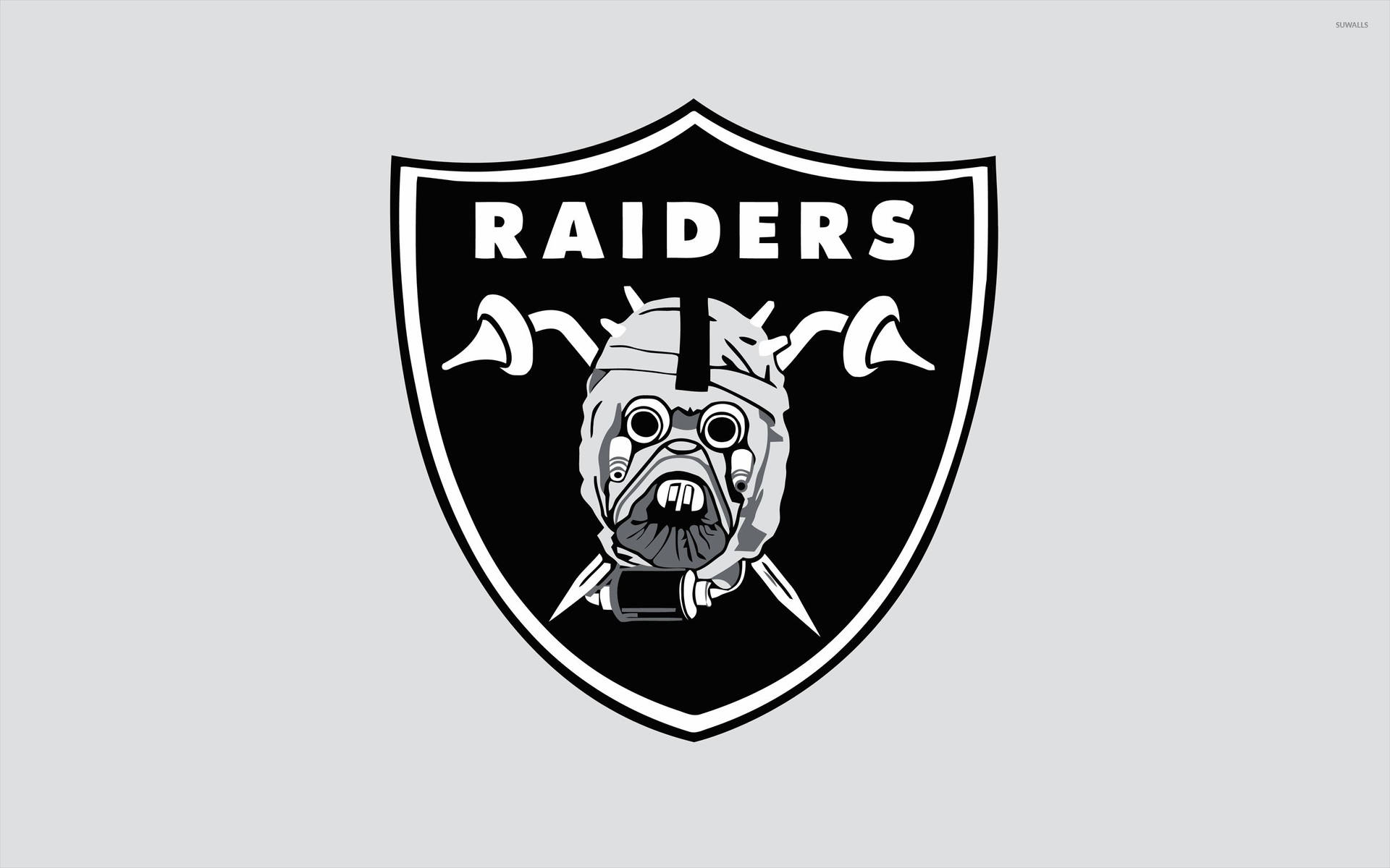 灰色背景上帶有狗頭骨和交叉劍的Raiders標誌