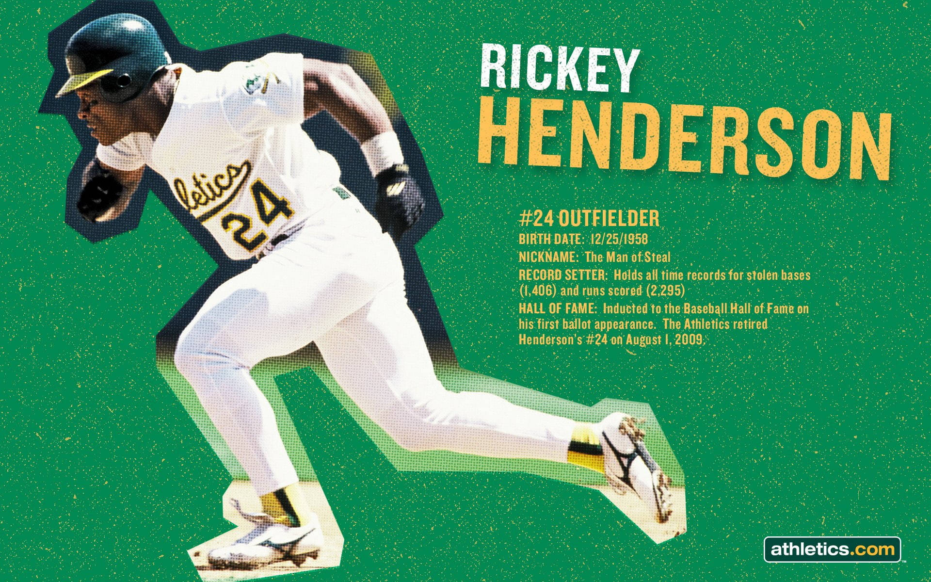 Rickey Henderson 身穿運動家隊球衣，在綠色背景上衝刺，附有統計文字。