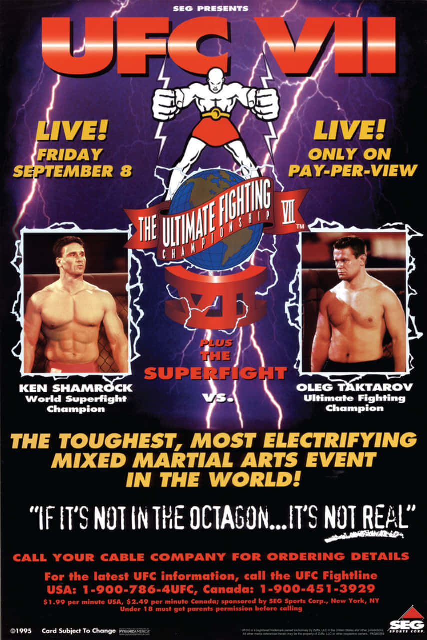 UFC VII海報，宣傳 Ken Shamrock 對戰 Oleg Taktarov，帶有閃電效果和粗體文字。