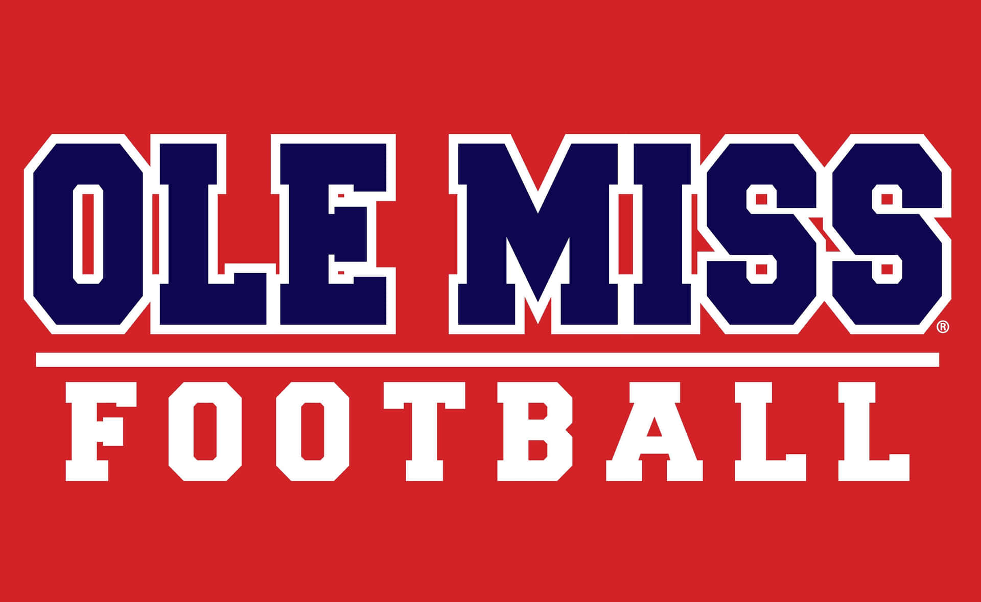Ole Miss Football 標誌，以藍色和白色粗體文字顯示在紅色背景上。