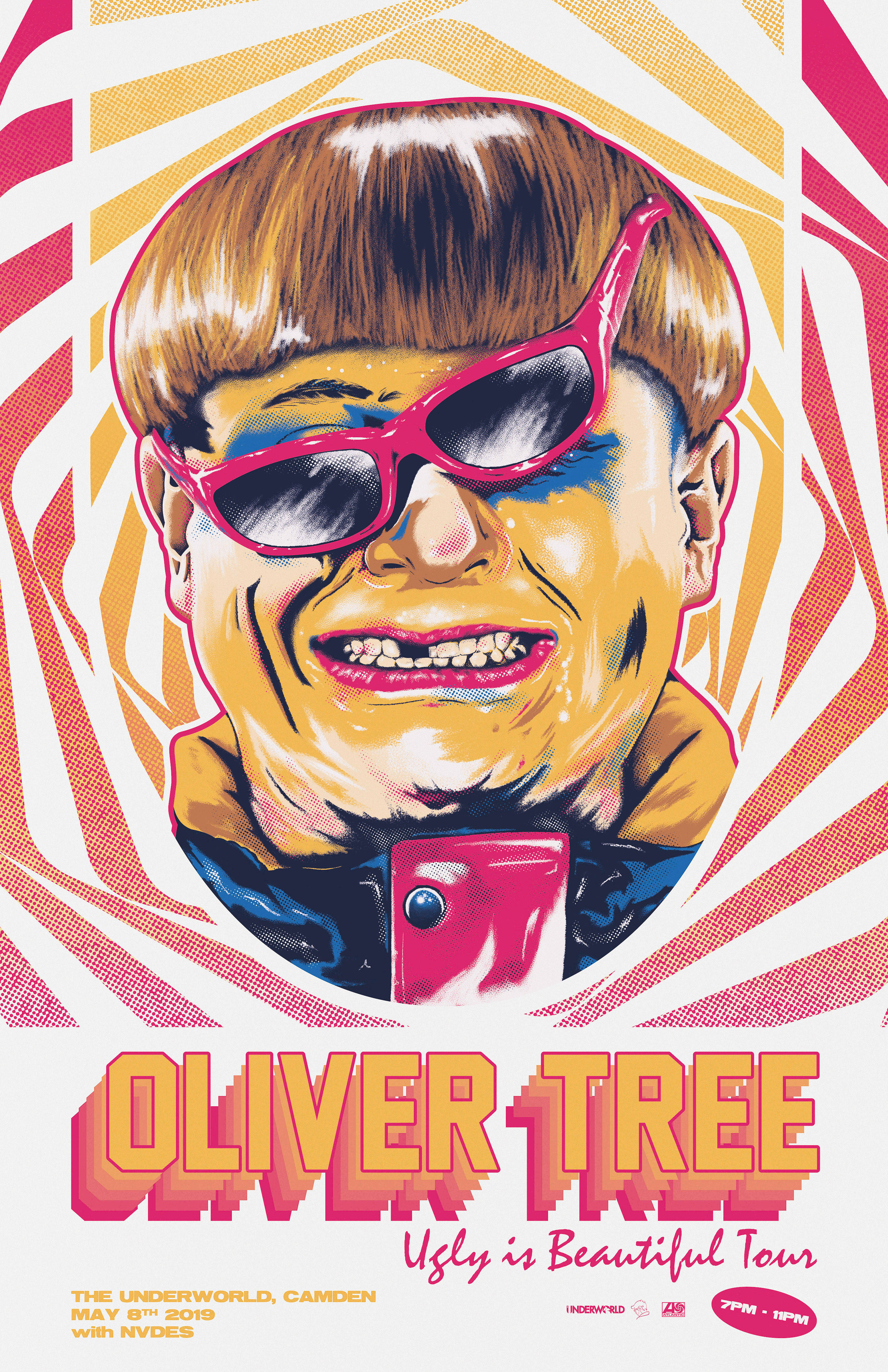 奧利弗·樹復古風格海報插畫 壁紙 — 一張風格化的 Oliver Tree 海報，帶有亮粉色太陽眼鏡和大膽的幾何背景。