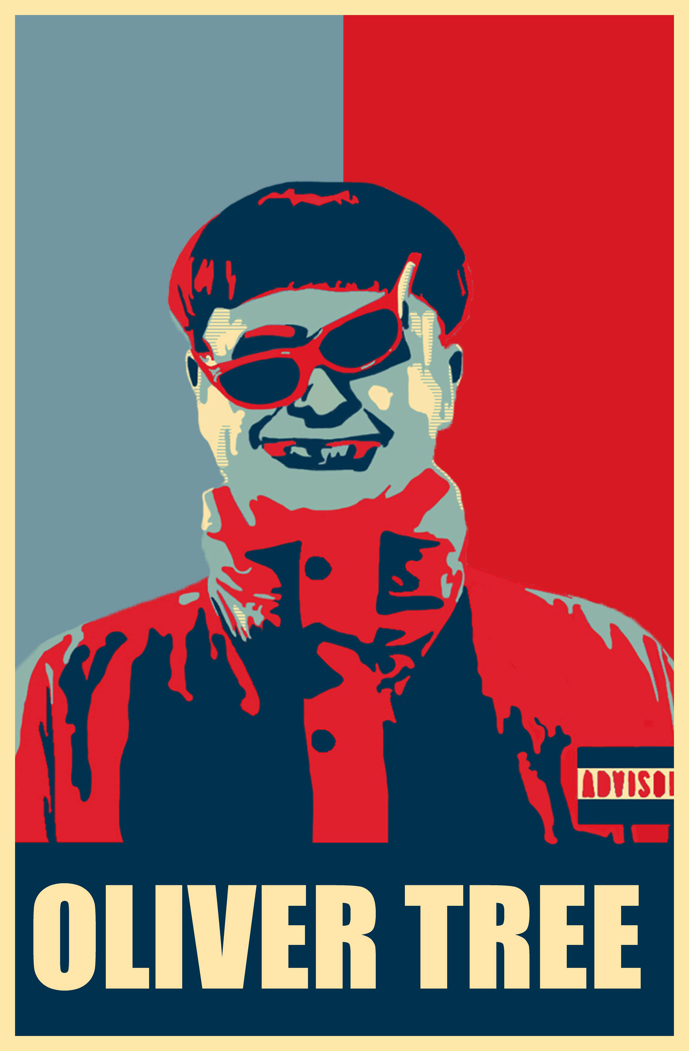 奧利弗·樹數位向量藝術 壁紙 — Oliver Tree 戴住紅色太陽眼鏡嘅大膽普普藝術肖像，背景係紅藍分割，下面有佢個名。