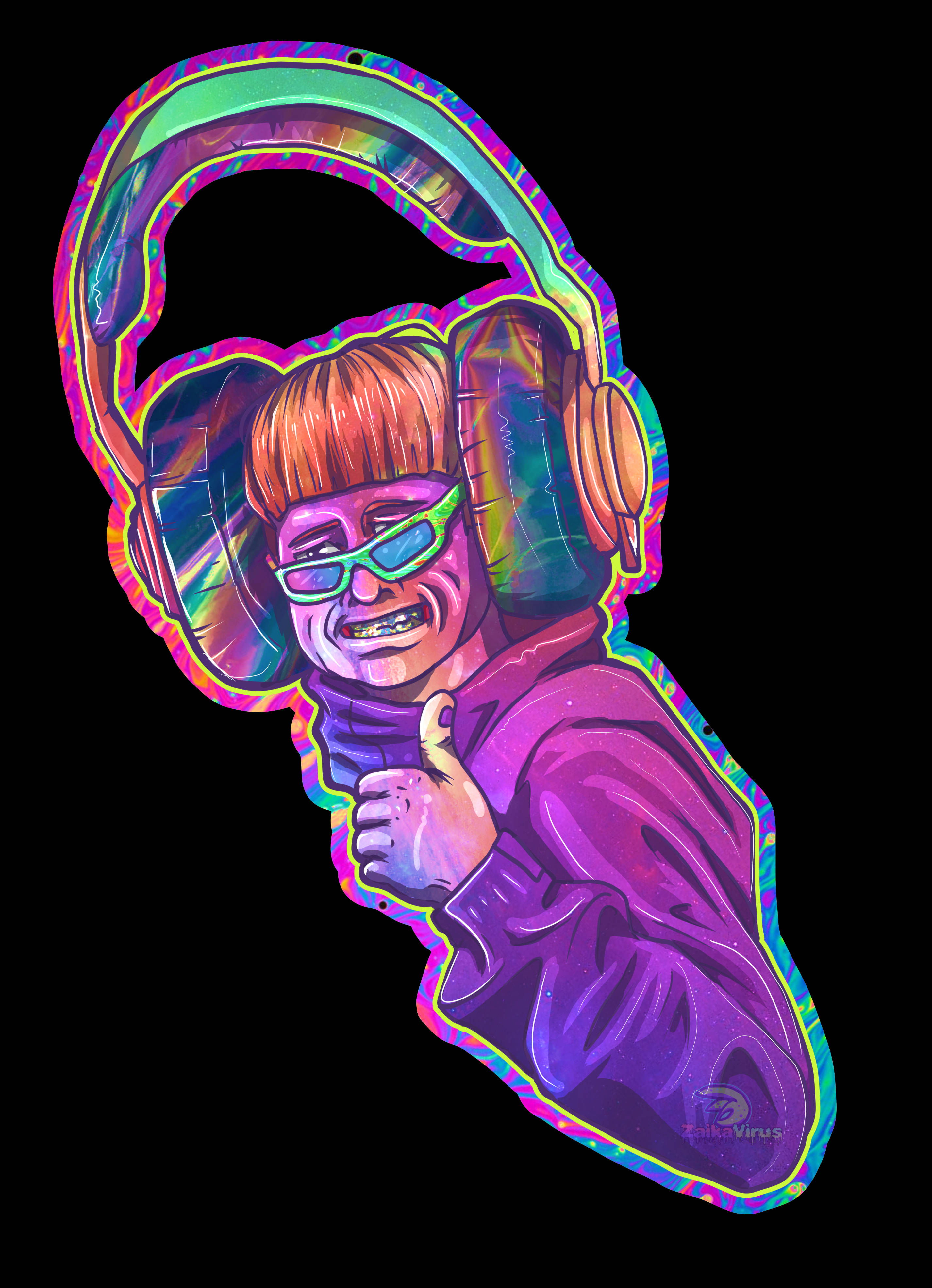 奧利弗·樹數位彩虹插畫 壁紙 — 一幅充滿活力的數碼插圖，描繪一個擁有橙色頭髮和太陽眼鏡的人，戴著帶有彩虹故障效果的超大耳機，豎起大拇指。
