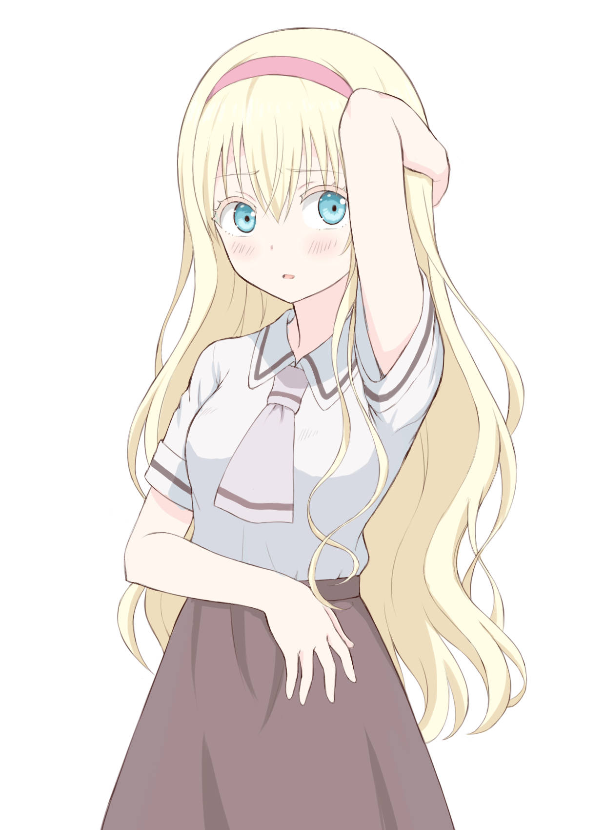 長金髮藍眼的女動漫角色穿著校服觸碰頭髮。