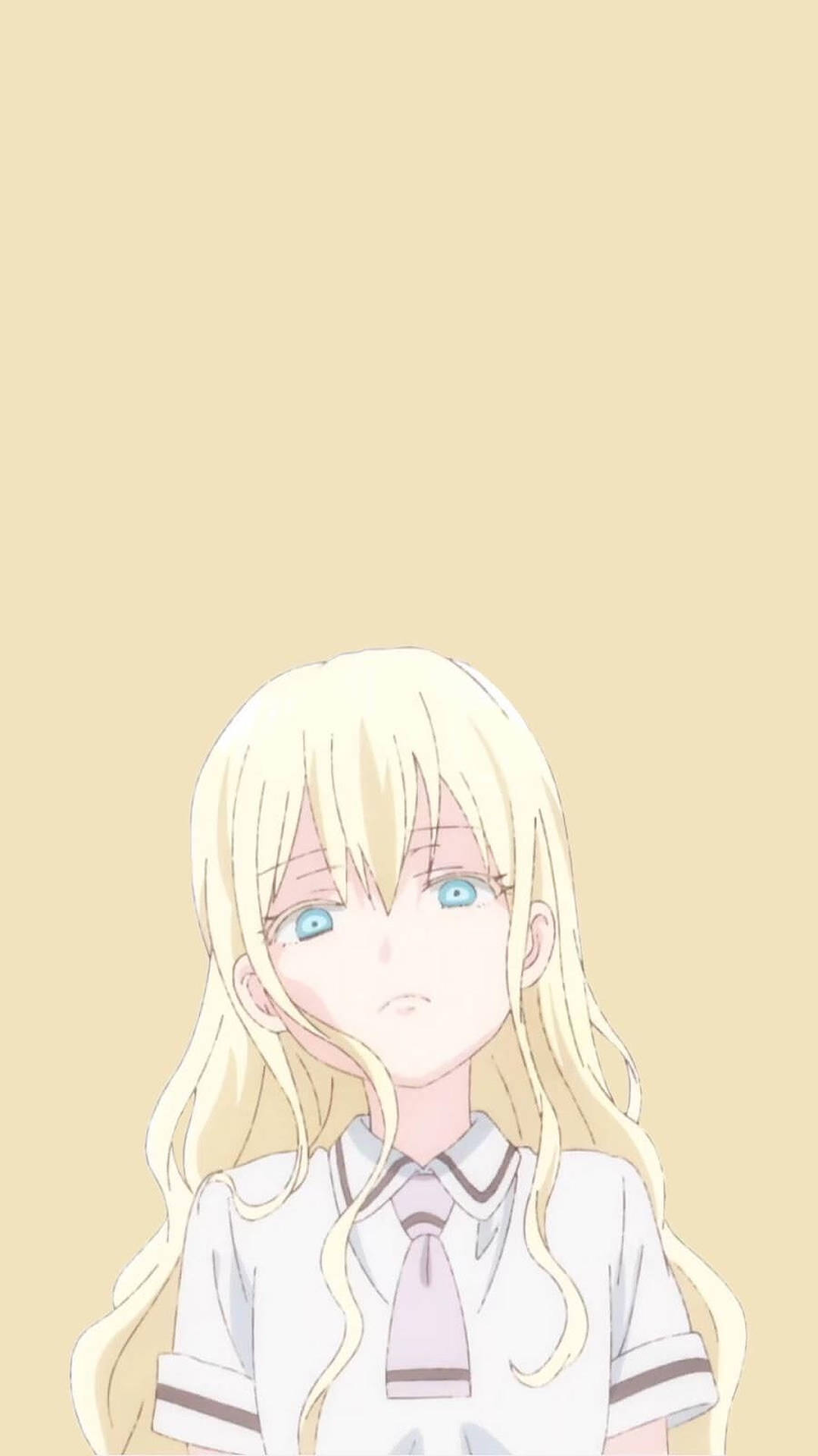 金髮藍眼的動漫女孩穿著校服，背景為米色。