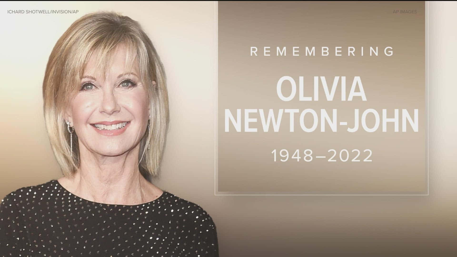 奧利維亞·牛頓-強紀念海報 壁紙 — Olivia Newton-John 的溫暖肖像，在紀念她一生 1948-2022 的文字旁溫柔微笑。
