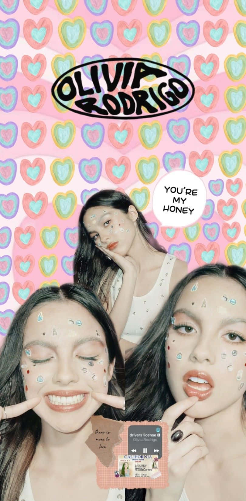 Olivia Rodrigo 臉上帶有閃粉，背景為色彩繽紛的心形圖案