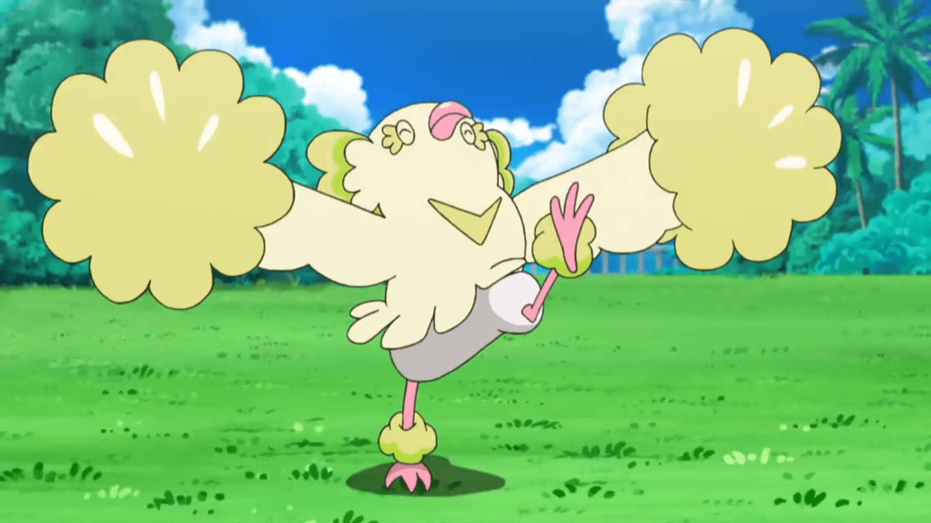 奧力奇歐蓬蓬風格踢腿 壁紙 — 一隻開心的動畫鳥類寵物小精靈拿著彩球在陽光明媚的草地上跳舞，藍天白雲。