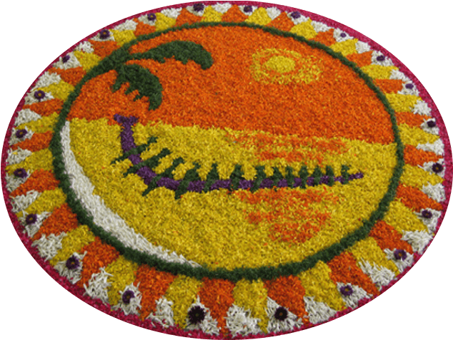 奧南節花卉地毯 壁紙 — 一個充滿活力的圓形花卉 rangoli 設計，包含棕櫚樹、船和太陽，背景為黃色和橙色。