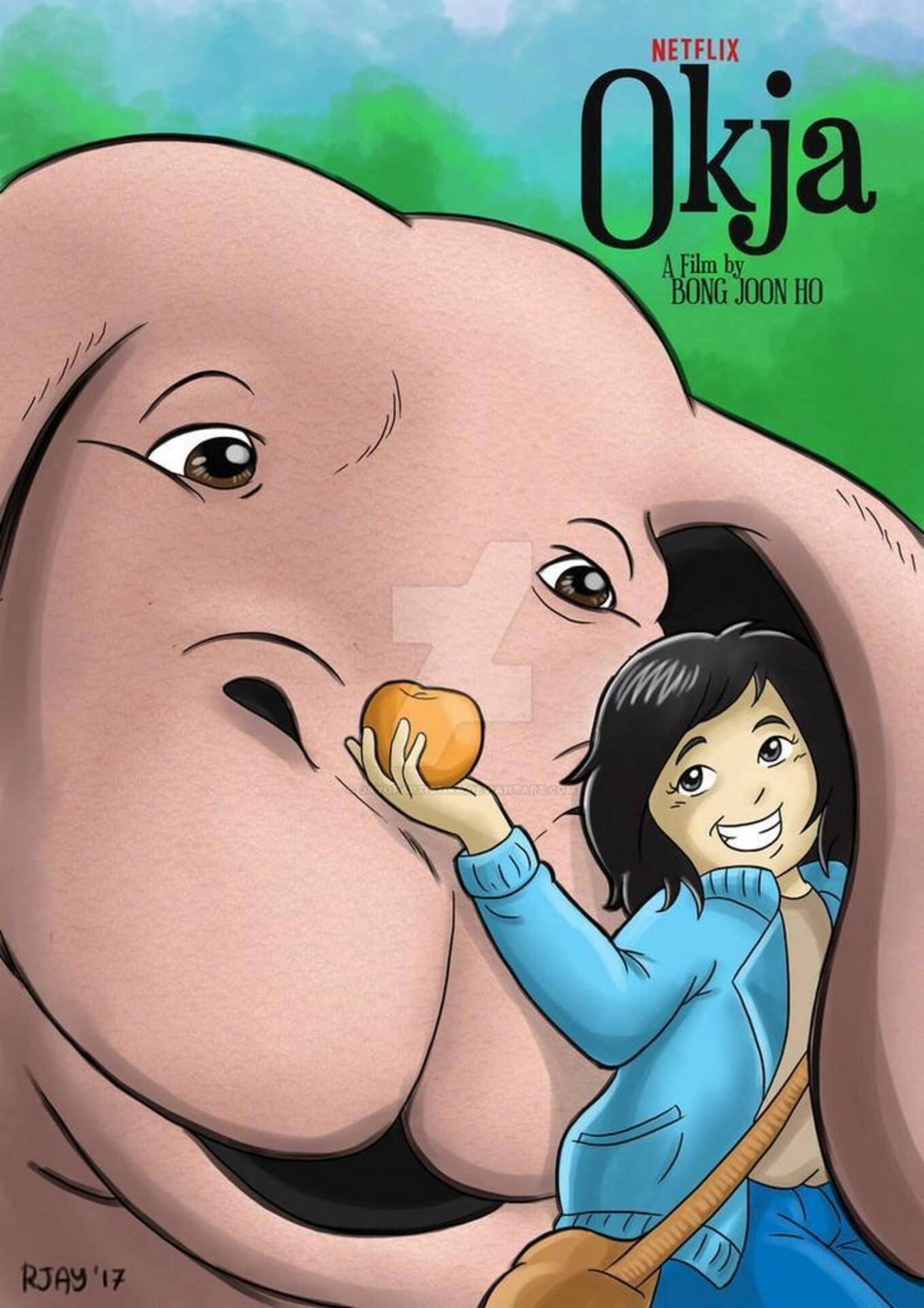 穿藍色外套的女孩向巨型粉紅色生物遞橙