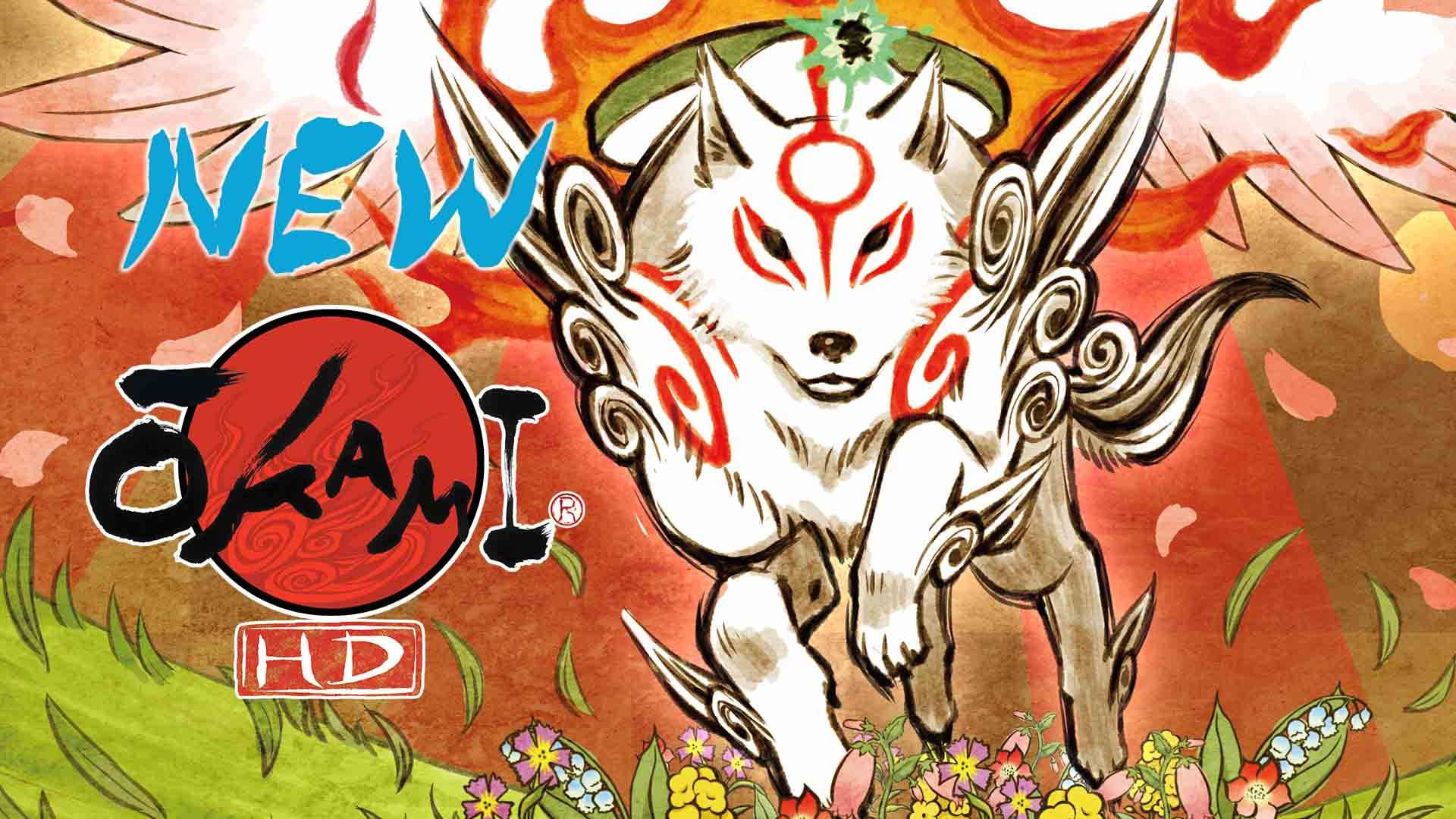 一隻神話中的狐狸，帶有紅色標記和翅膀，在花朵間跳躍，背景是火熱的。