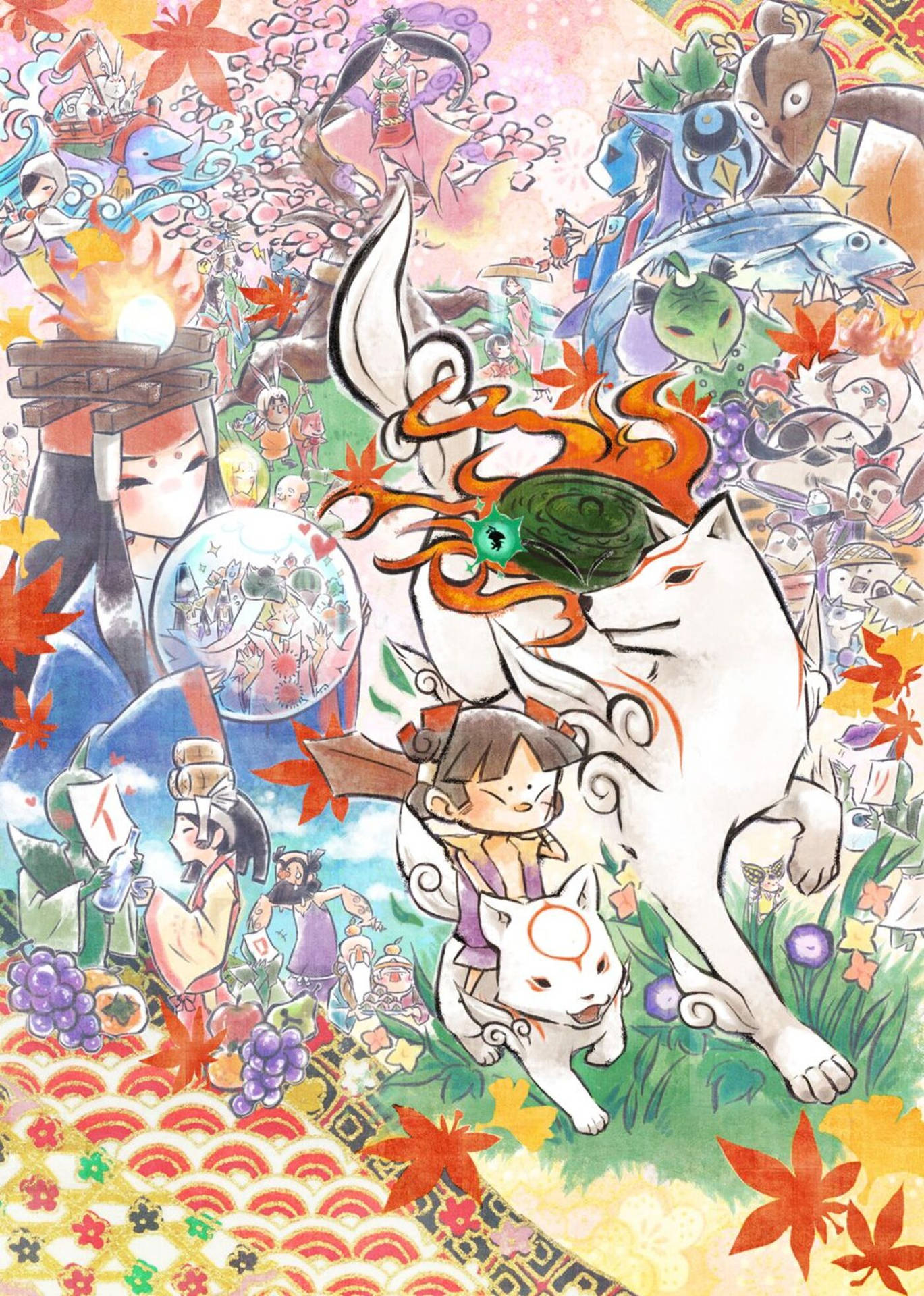 動漫場景，狐仙和小孩被日本神話角色和飄落的楓葉包圍。