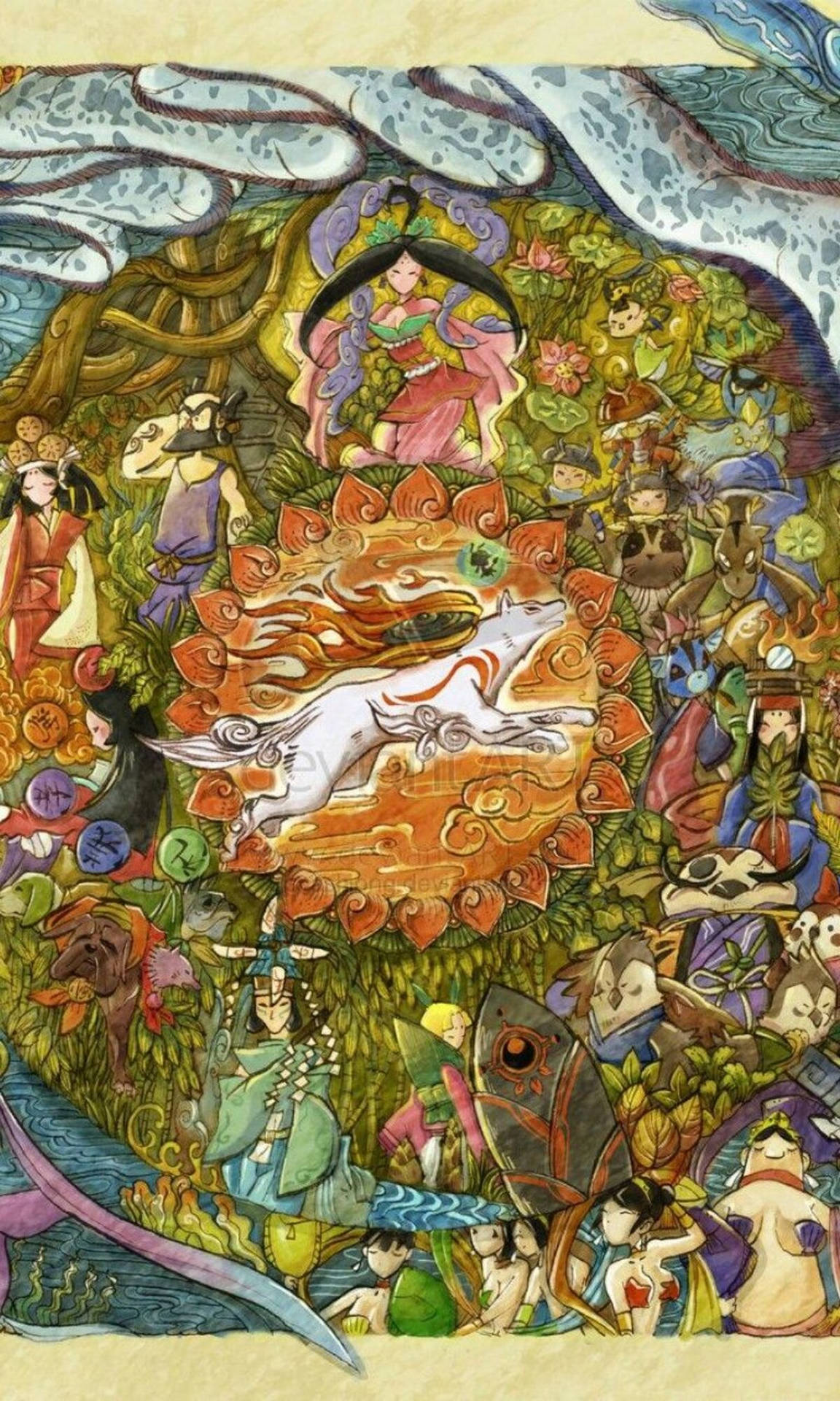 神話般的日本精靈和生物在茂密的森林場景中聚集在一隻白狐周圍。