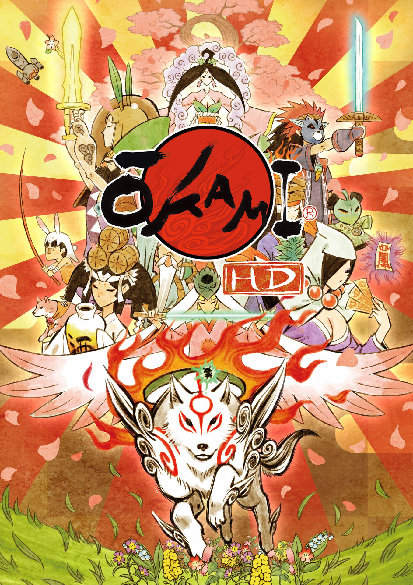 動漫遊戲海報，陽光和櫻花下有一隻狐神和角色。