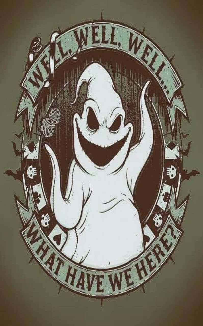 一個卡通鬼魂，咧嘴大笑，舉起雙臂，在一條寫著「哎呀哎呀哎呀，這是什麼？」的橫幅內。