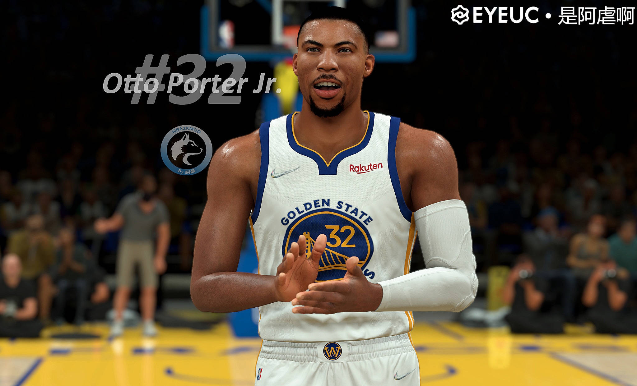 奧托·波特 Jr NBA 2K21 壁紙 — 一位身穿金州勇士隊32號球衣的籃球運動員在黃色球場上拍手，背景是模糊的人群。