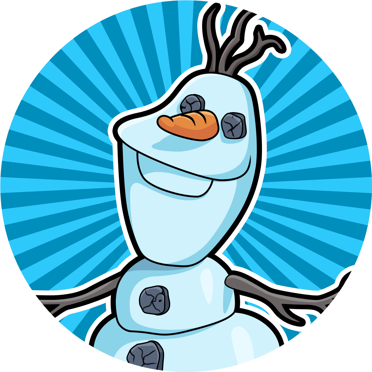 奧拉夫動畫雪人肖像 壁紙 — 一個快樂的卡通雪人，有胡蘿蔔鼻子和煤炭眼睛，在充滿活力的藍色陽光爆發背景上微笑。
