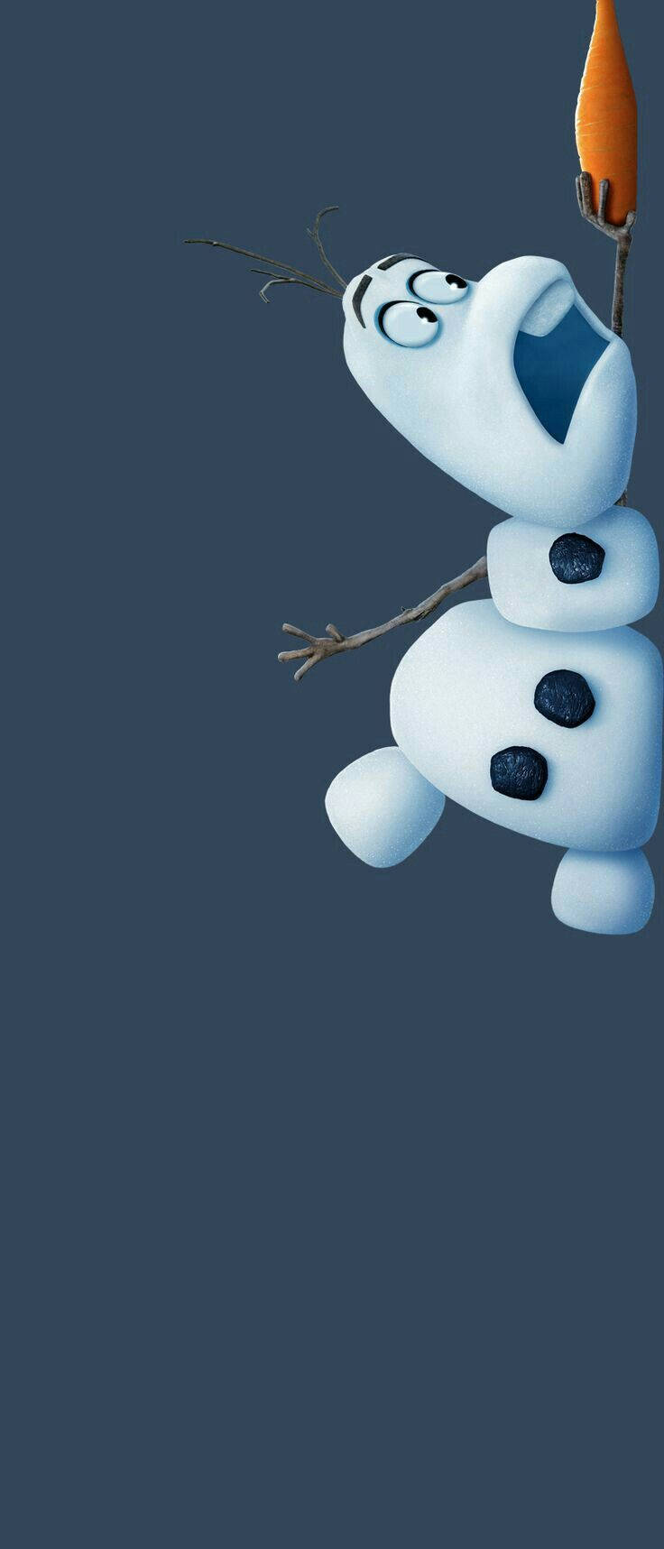 奧拉夫抓著胡蘿蔔墜落 壁紙 — 一個驚訝的雪人，有樹枝手臂和煤炭鈕扣，倒掛在深藍色背景上，拿著一根胡蘿蔔。