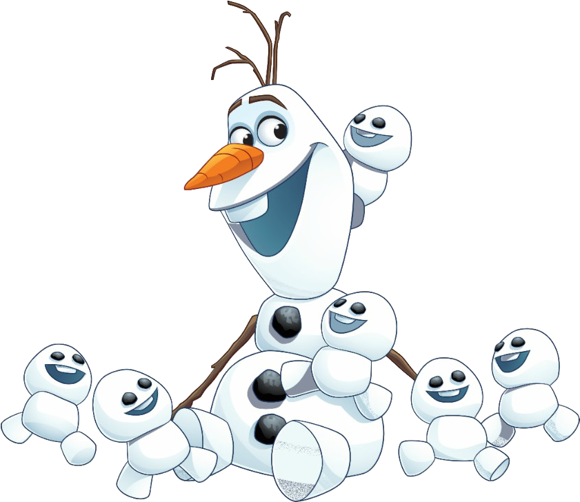 奧拉夫與雪人夥伴《冰雪奇緣》 壁紙 — 一個快樂的雪人，有樹枝手臂和胡蘿蔔鼻子，在黑色背景上被較小的雪人包圍著，開心地大笑。