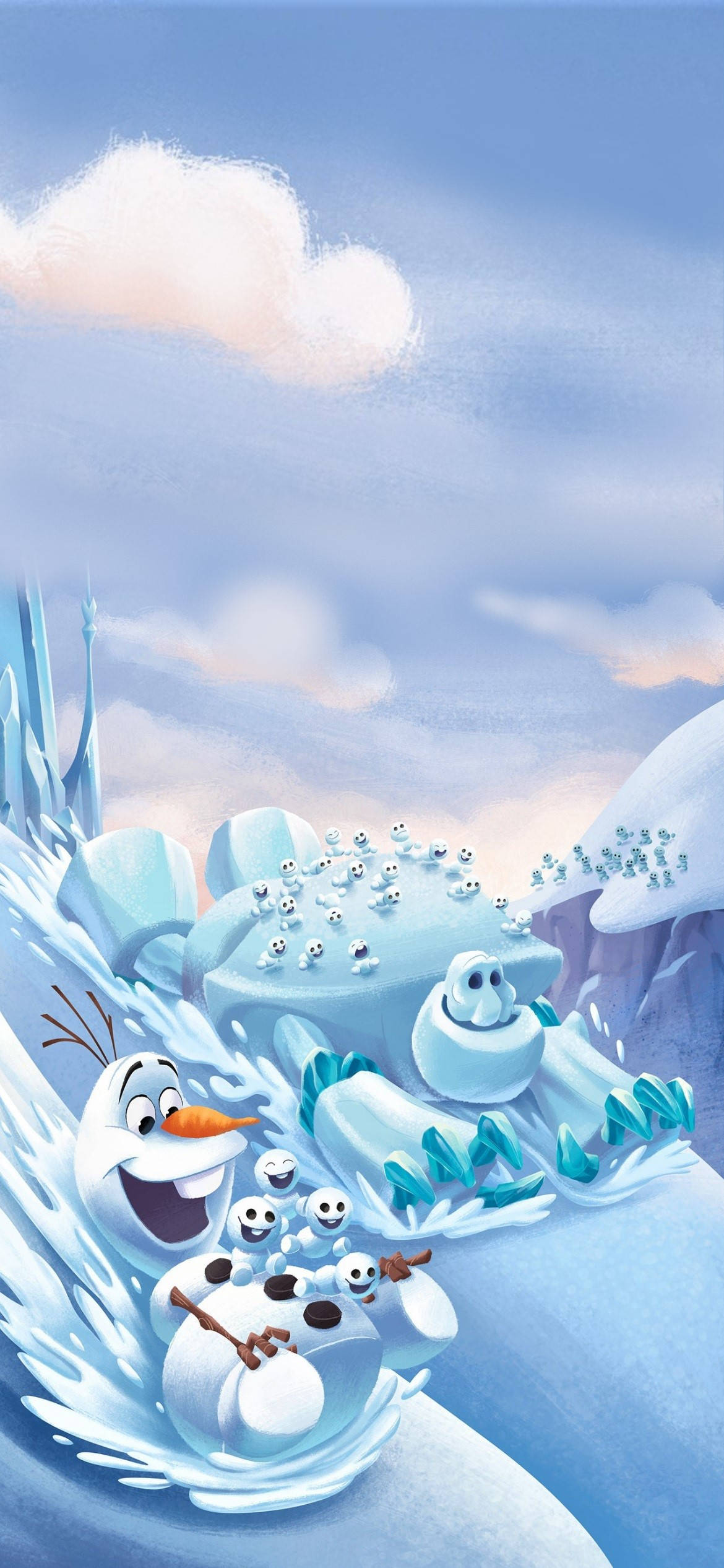 奧拉夫雪山滑行 壁紙 — 奧拉夫在柔和的藍天白雲下，與他的雪人朋友們快樂地玩雪滑梯。