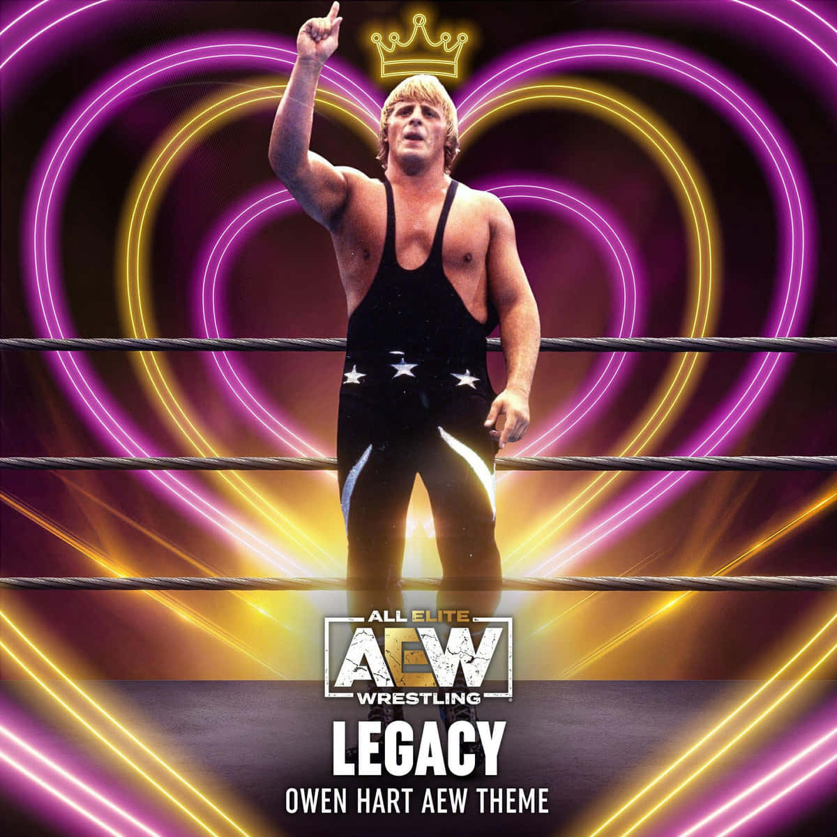 奧文·哈特傳奇海報設計 壁紙 — 摔角手 Owen Hart 在擂台上勝利地站立，周圍有發光的紫色和黃色心形環，頭頂上方有皇冠。