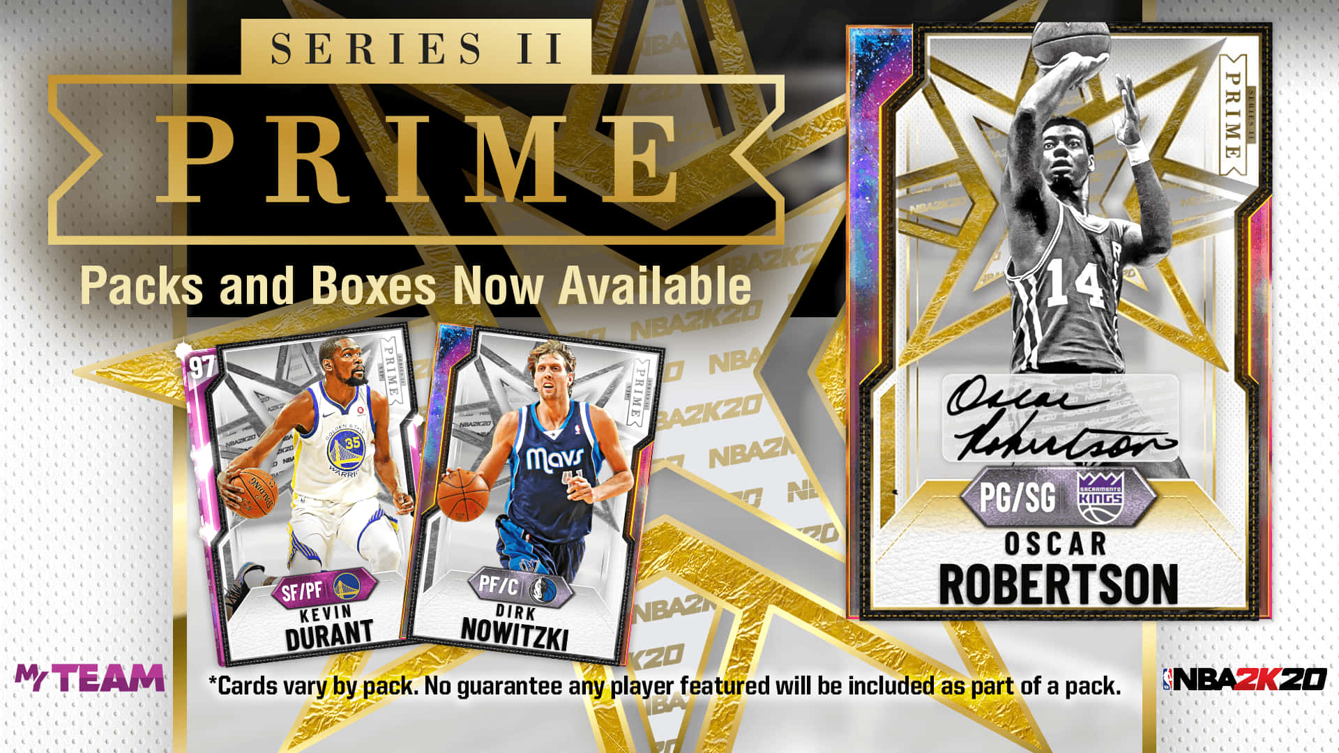 奧斯卡·羅伯特森2K20系列商品宣傳 壁紙 — 閃亮的NBA 2K20 Prime籃球交易卡， featuring Oscar Robertson、Kevin Durant和Dirk Nowitzki，背景為金色和黑色的星爆圖案。
