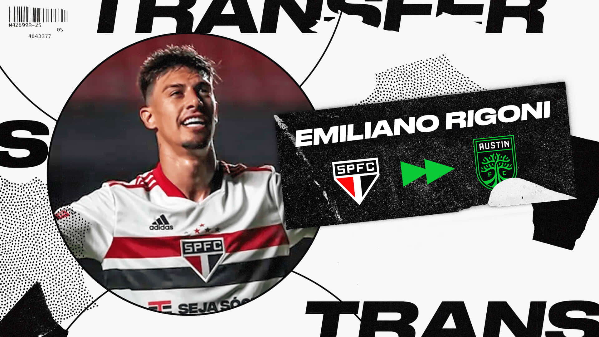足球員 Emiliano Rigoni 轉會圖形，帶有 SPFC 和 Austin FC 標誌。