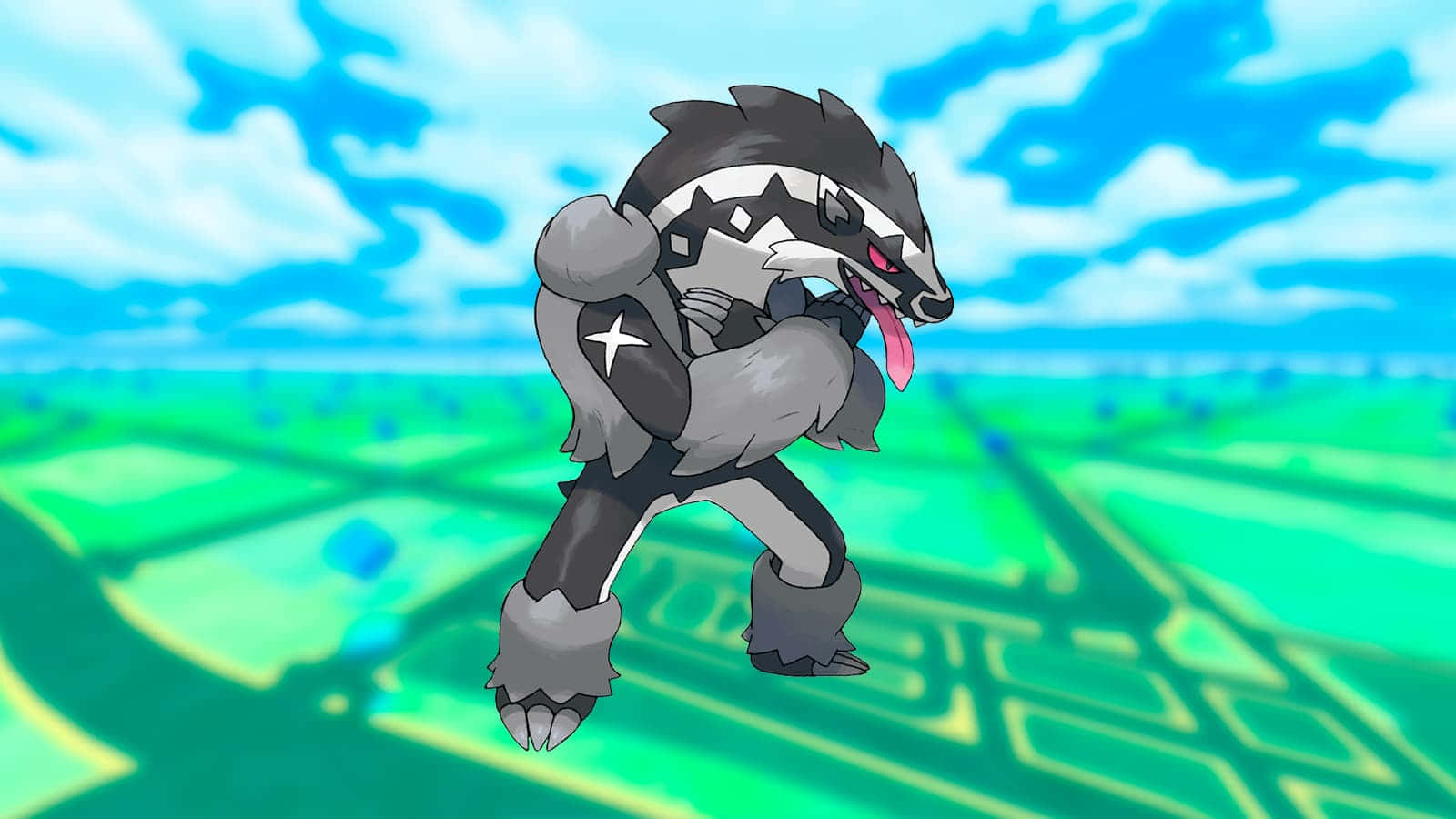 奧斯特agoon搭配Pokémon GO地圖背景 壁紙 — 一隻兇猛的深灰色寶可夢，手臂上有白色星星，以動態姿勢站在明亮的藍天和綠色田野前。