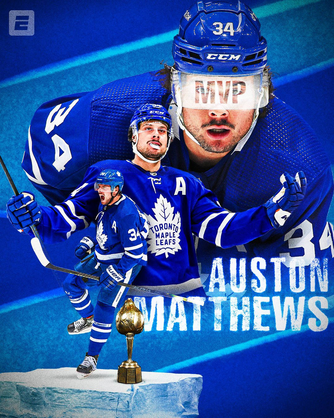 奧斯頓·馬修斯「MVP」主題藝術照 壁紙 — Auston Matthews 身穿多倫多楓葉隊裝備，在動態藍色背景前與MVP獎盃一同慶祝。