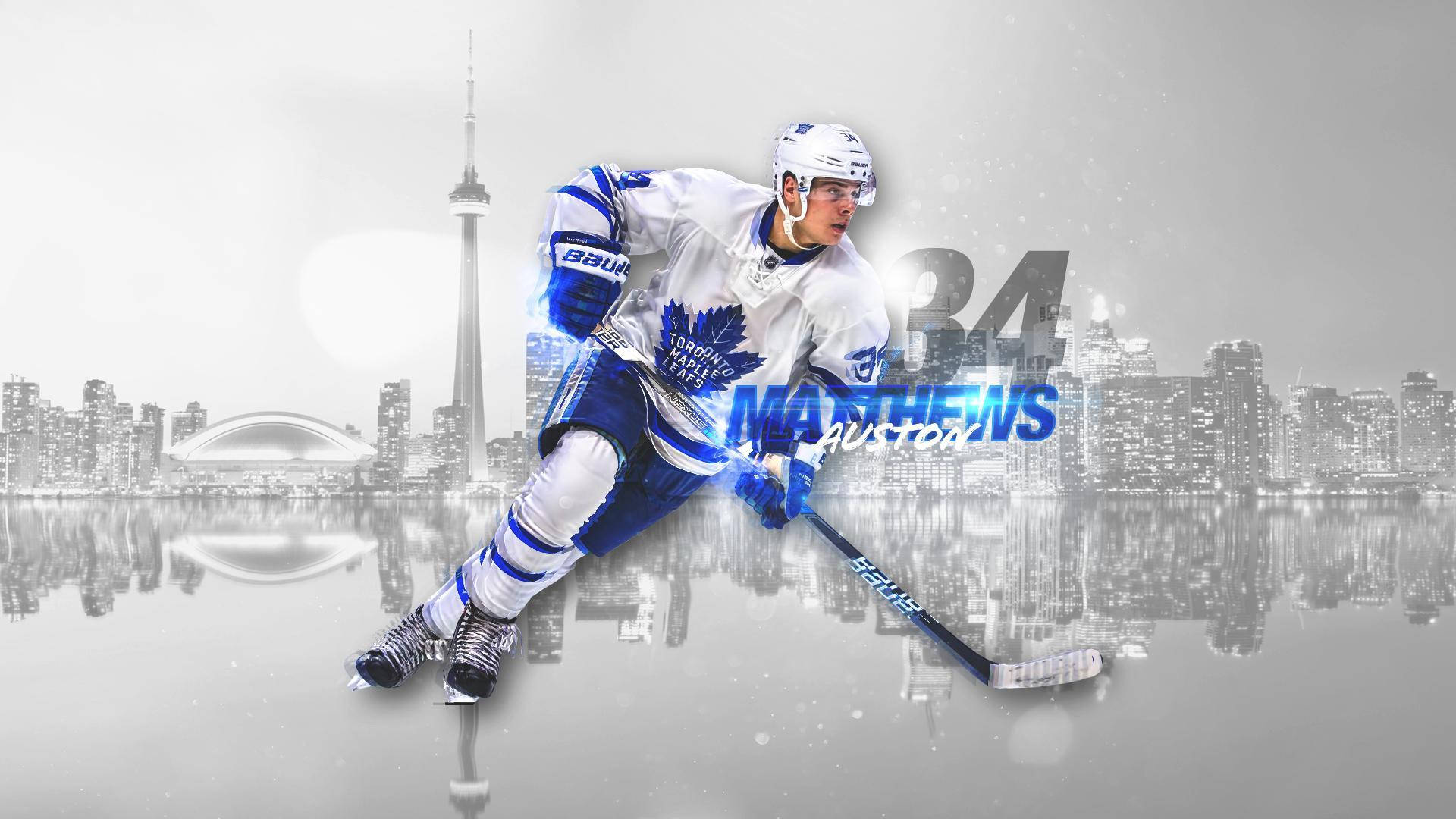 奧斯頓·馬修斯圖形藝術 壁紙 — 冰球運動員 Auston Matthews 身穿多倫多楓葉隊裝備，在單色城市天際線和 CN 塔前動態滑冰。
