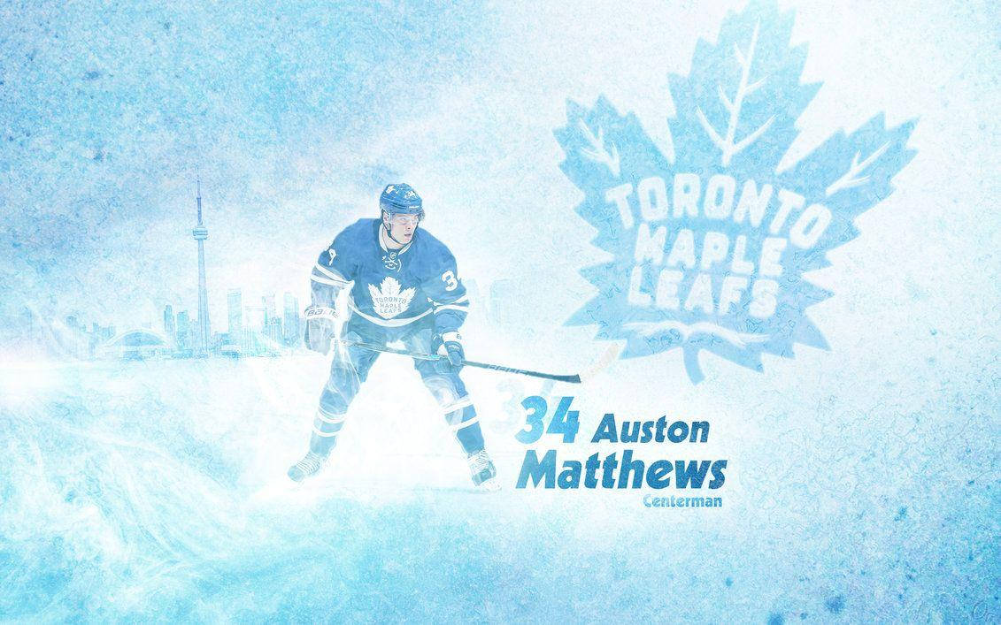 奧斯頓·馬修斯圖形設計 壁紙 — Auston Matthews 身穿多倫多楓葉隊裝備，在冰藍色背景上動態滑冰，背景有球隊標誌和城市天際線。
